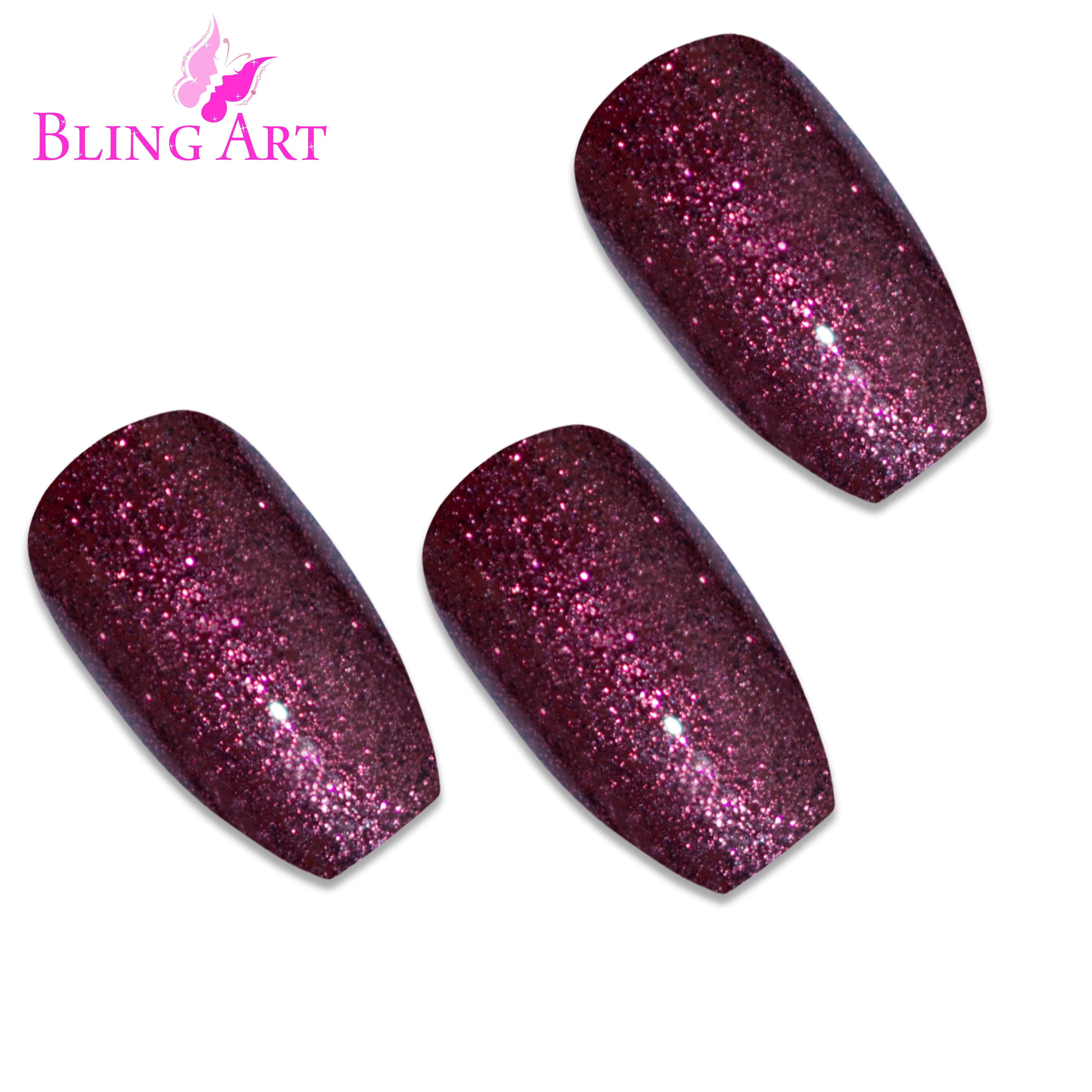 Red Brown gel ballerina coffin Bling Art press-on nails — worn-hand close-up showing the chestnut high-shine gel on long ballerina coffin tips. Ballerina = Coffin (same shape).