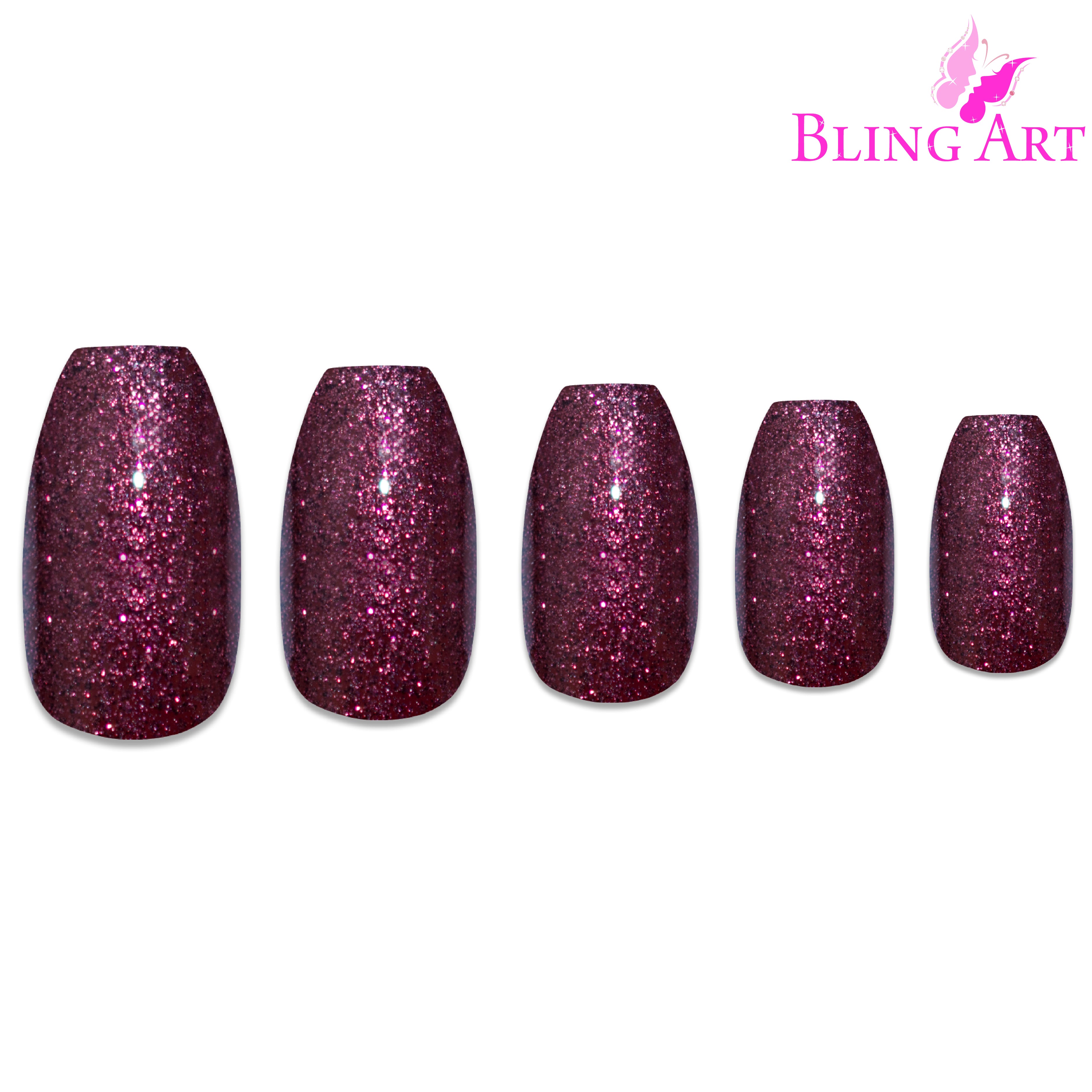 Red Brown gel ballerina coffin Bling Art press-on nails — alternative angle revealing the bond line on the long ballerina coffin shape.
