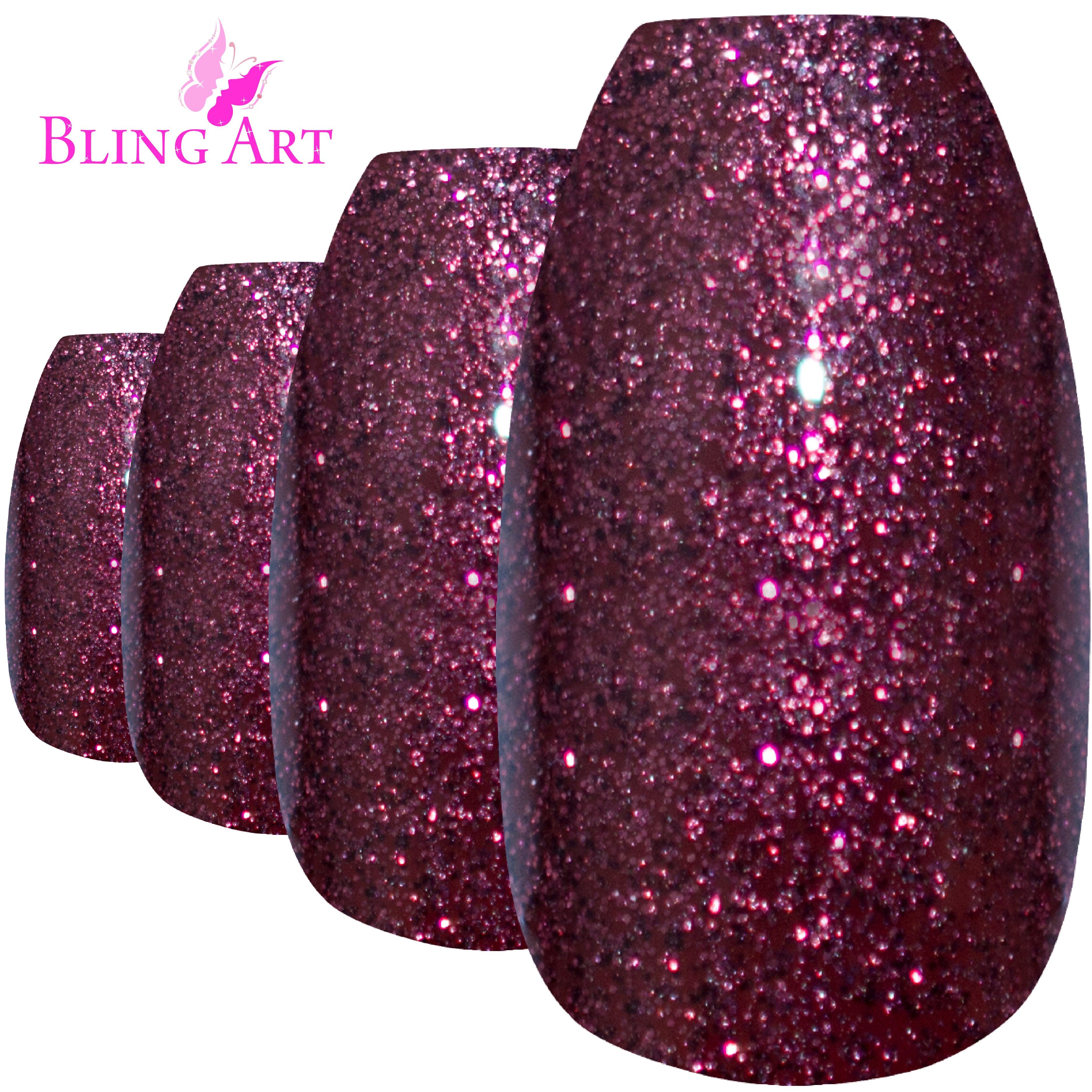 Bling Art Red Brown gel ballerina coffin press-on nail set packaging — 24 nails, 12 sizes XS-XXL, file and cuticle stick included. Glue not included.