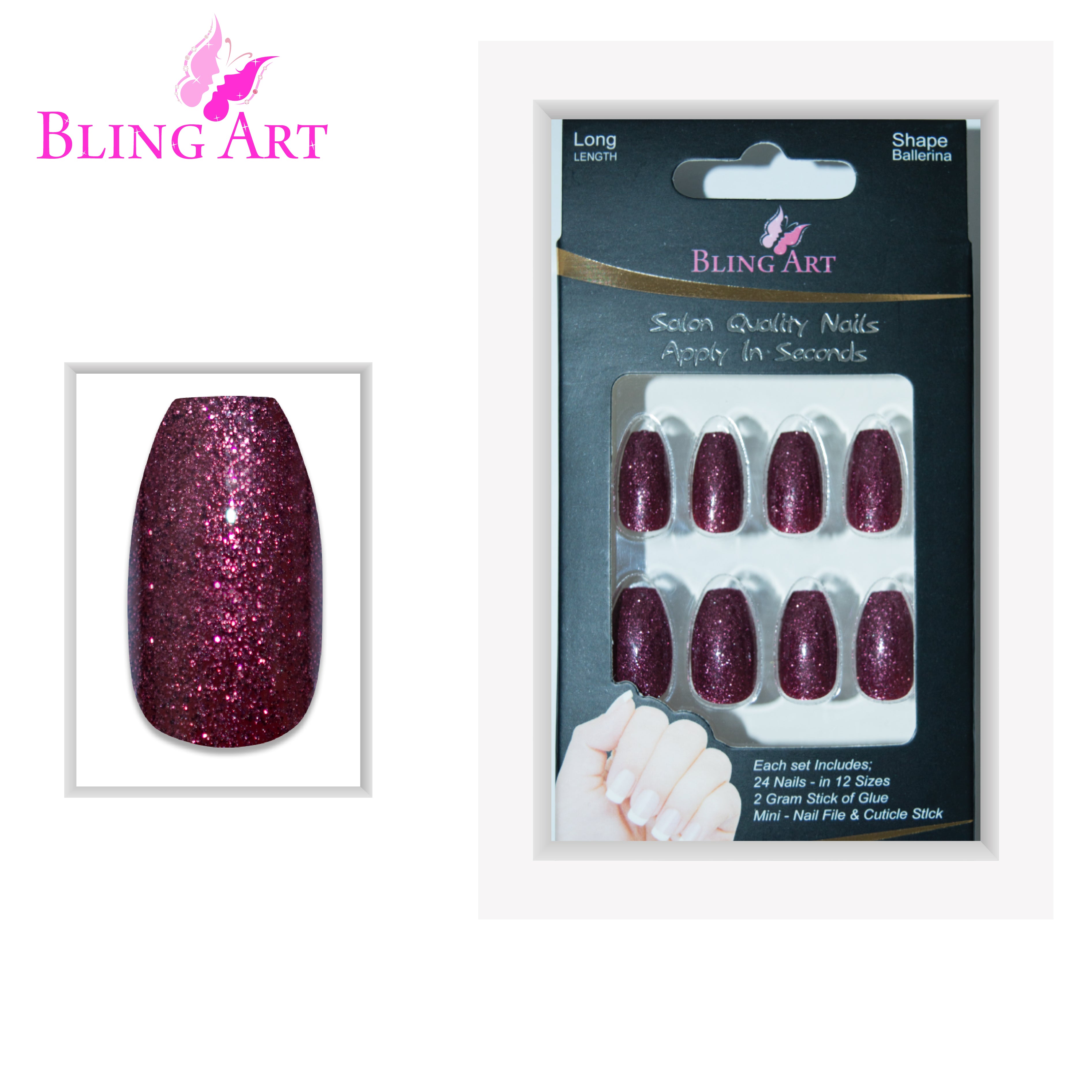 Red Brown gel ballerina coffin Bling Art press-on nails — full-hand reveal showing all 24 nails for autumnal events and everyday wear.