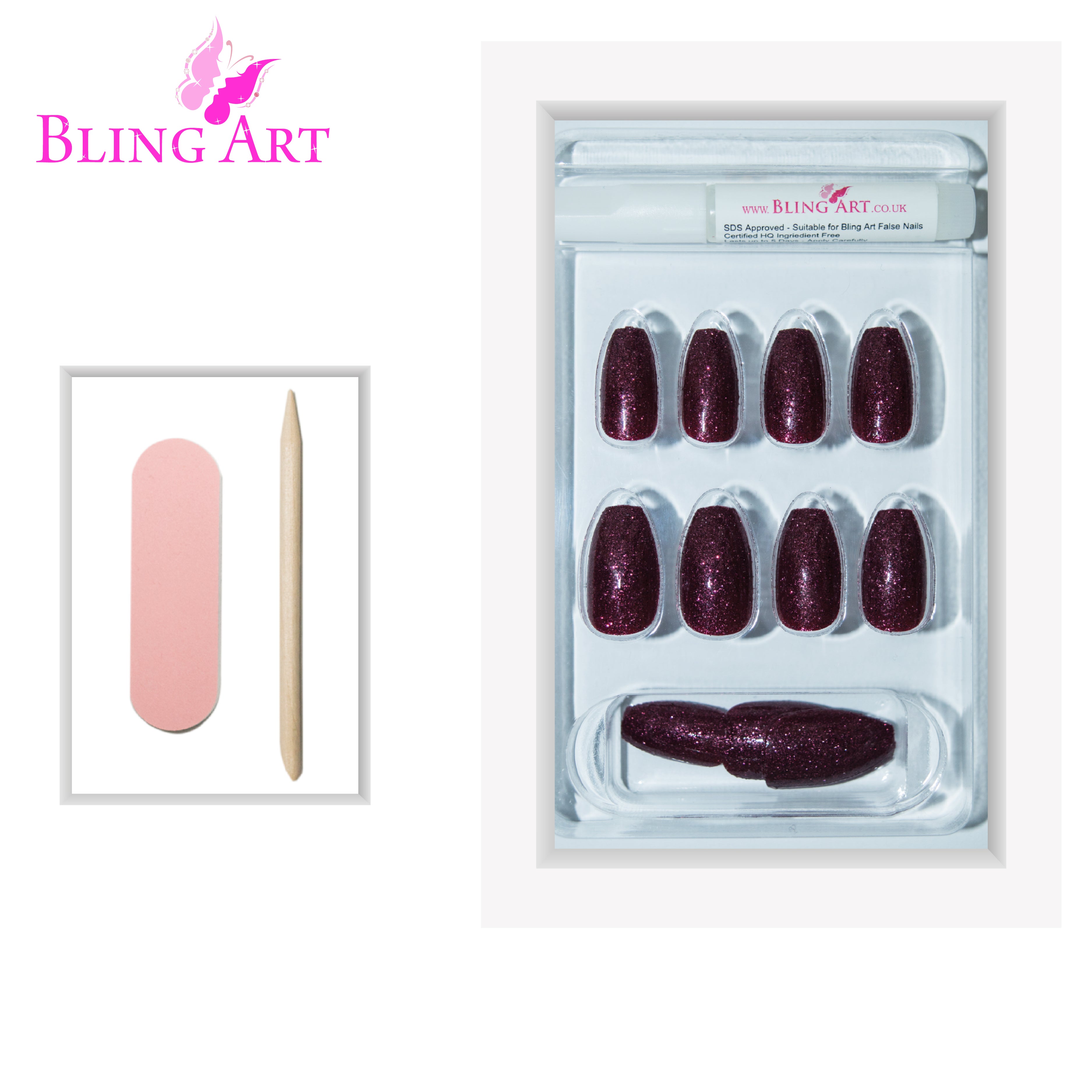 Red Brown gel ballerina coffin Bling Art press-on nails — lifestyle context shot showing the warm chestnut gloss finish.