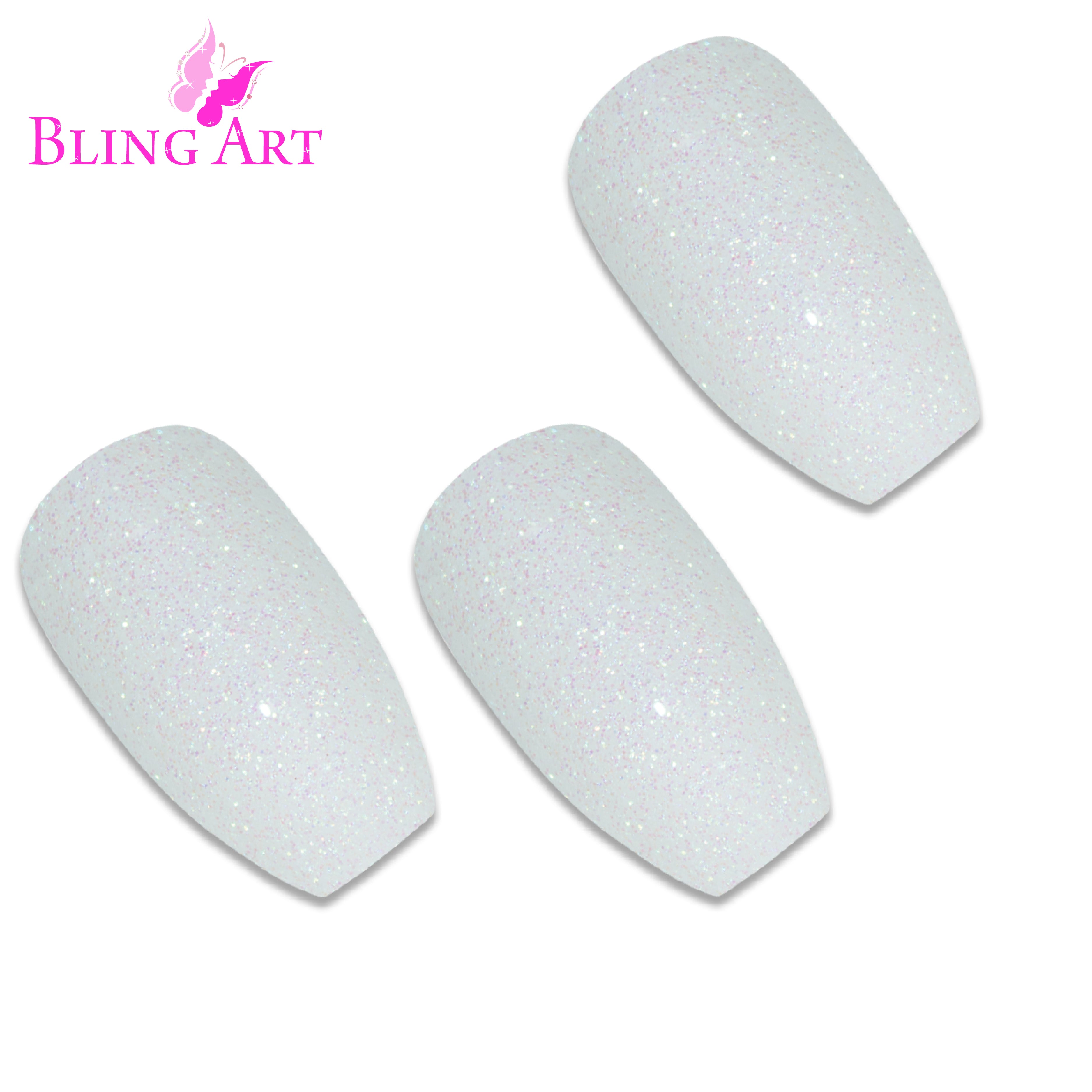 White gel ballerina coffin Bling Art press-on nails — lifestyle context shot showing the elegant pearl-white bridal length.