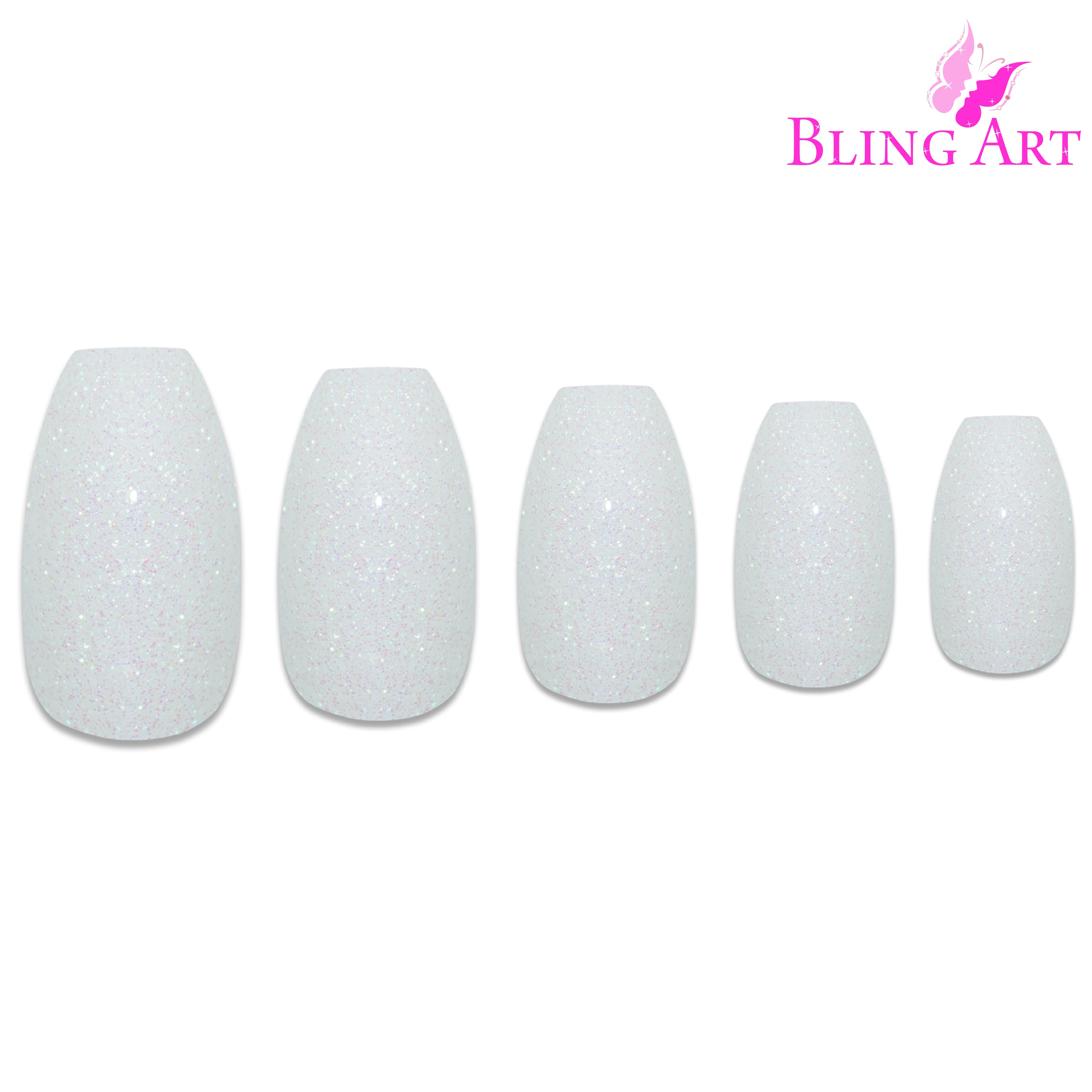 White gel ballerina coffin Bling Art press-on nails — full-hand reveal showing all 24 nails for weddings and bridal photoshoots.