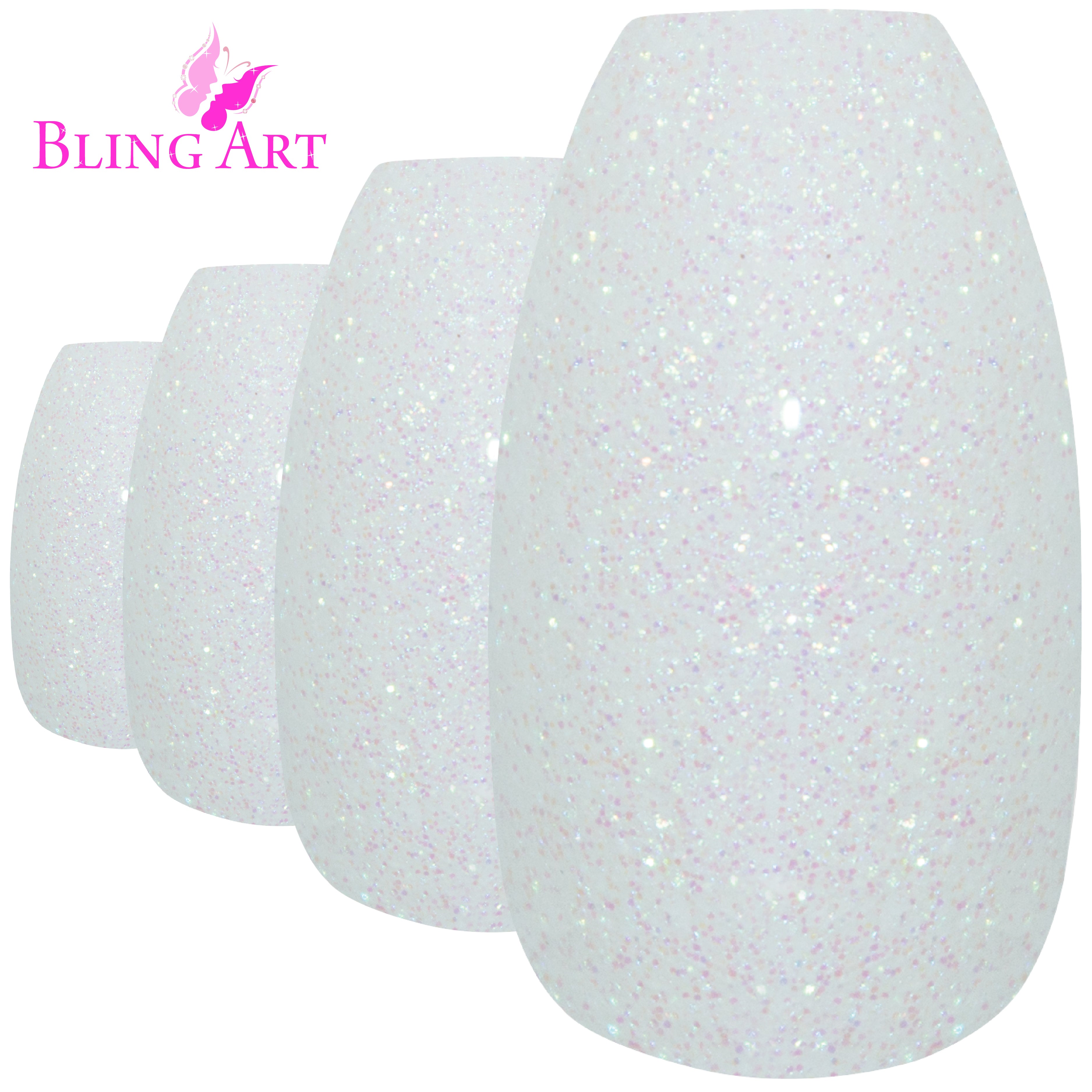 White gel ballerina coffin Bling Art press-on nails — worn-hand close-up showing the pearl-white gel coat on long ballerina coffin tips.