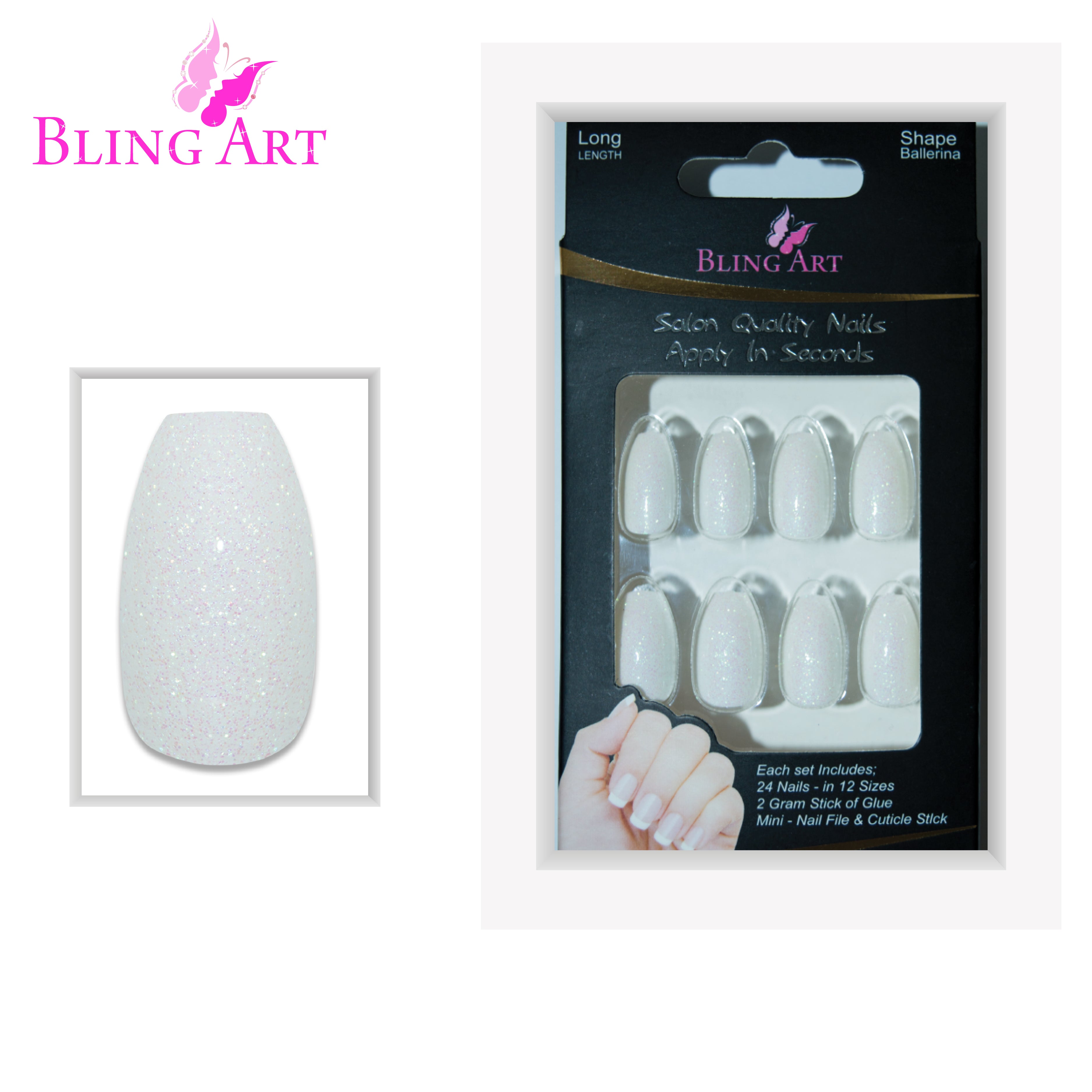 White gel ballerina coffin Bling Art press-on nails — alternative angle revealing the bond line on the long ballerina coffin shape.
