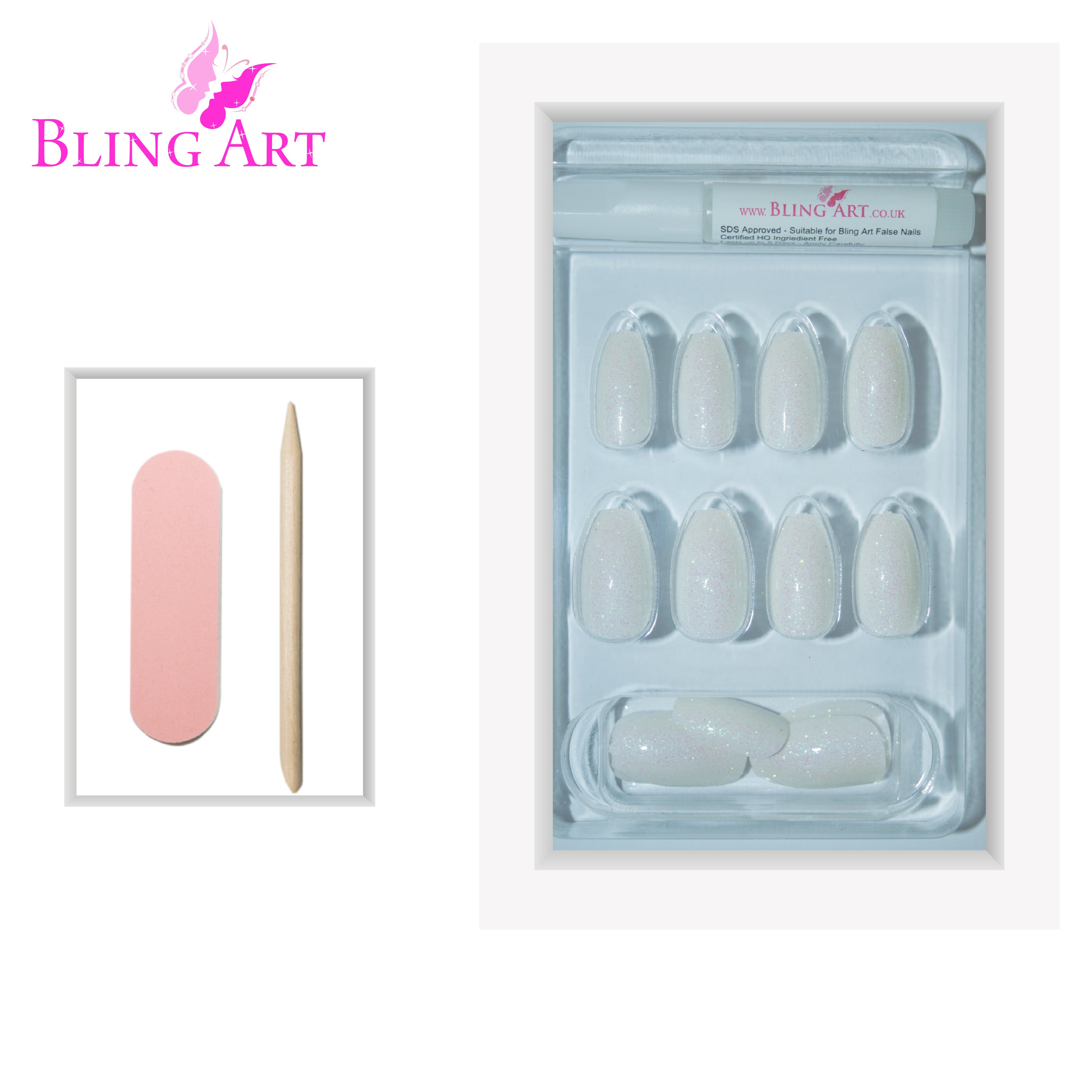 Bling Art White gel ballerina coffin press-on nail set packaging — 24 nails, 12 sizes XS-XXL, file and cuticle stick included. Glue not included.
