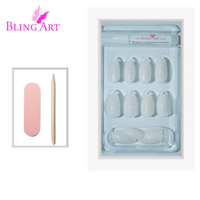 White gel ballerina coffin long press-on false nails by Bling Art — pearl-white high-shine gel statement bridal length for weddings, photoshoots and special occasions. 24 nails, 12 sizes XS-XXL, no UV lamp. Designed in Yorkshire UK. Ballerina = Coffin (same shape).