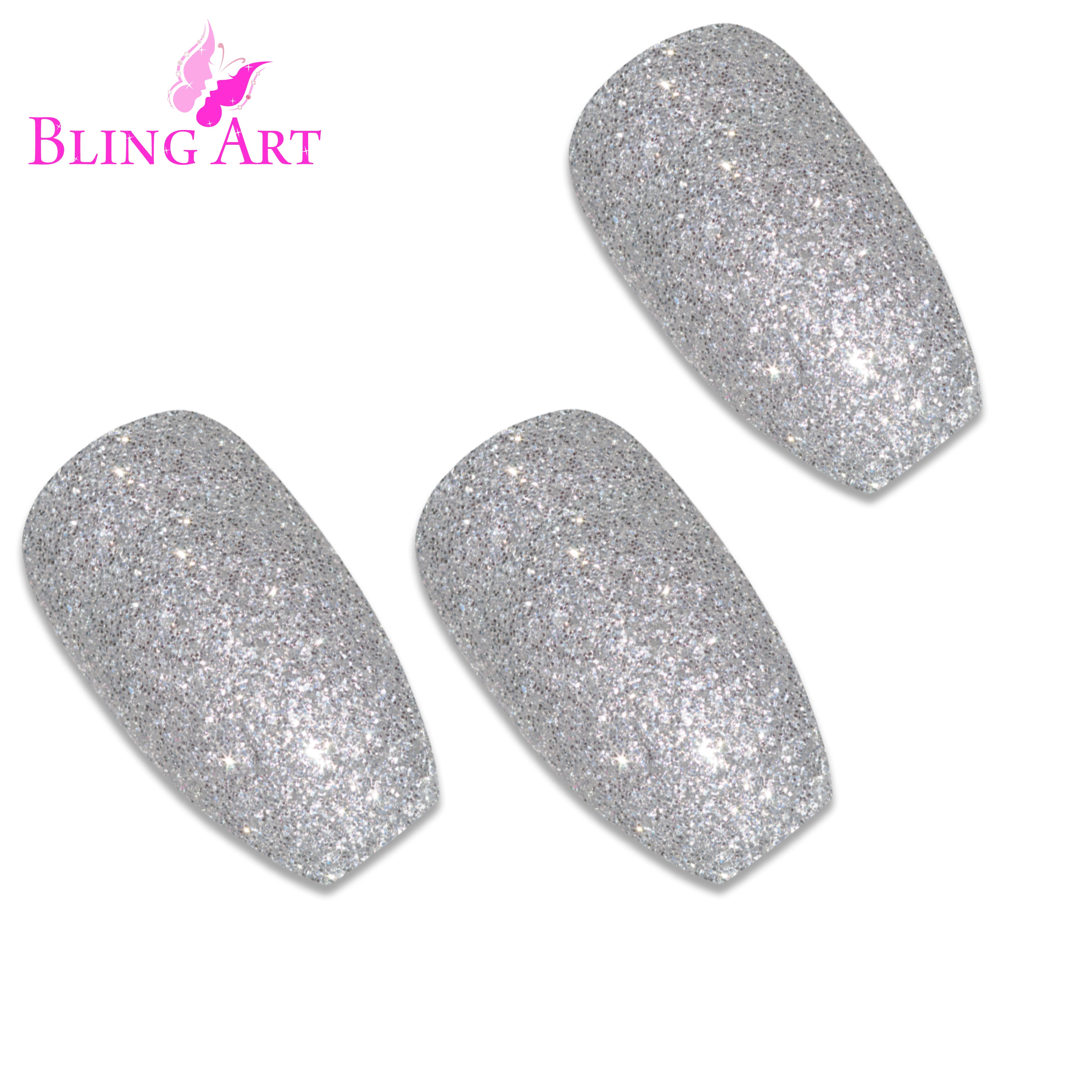 Silver gel ballerina coffin Bling Art press-on nails — alternative angle revealing the bond line on the long ballerina coffin shape.