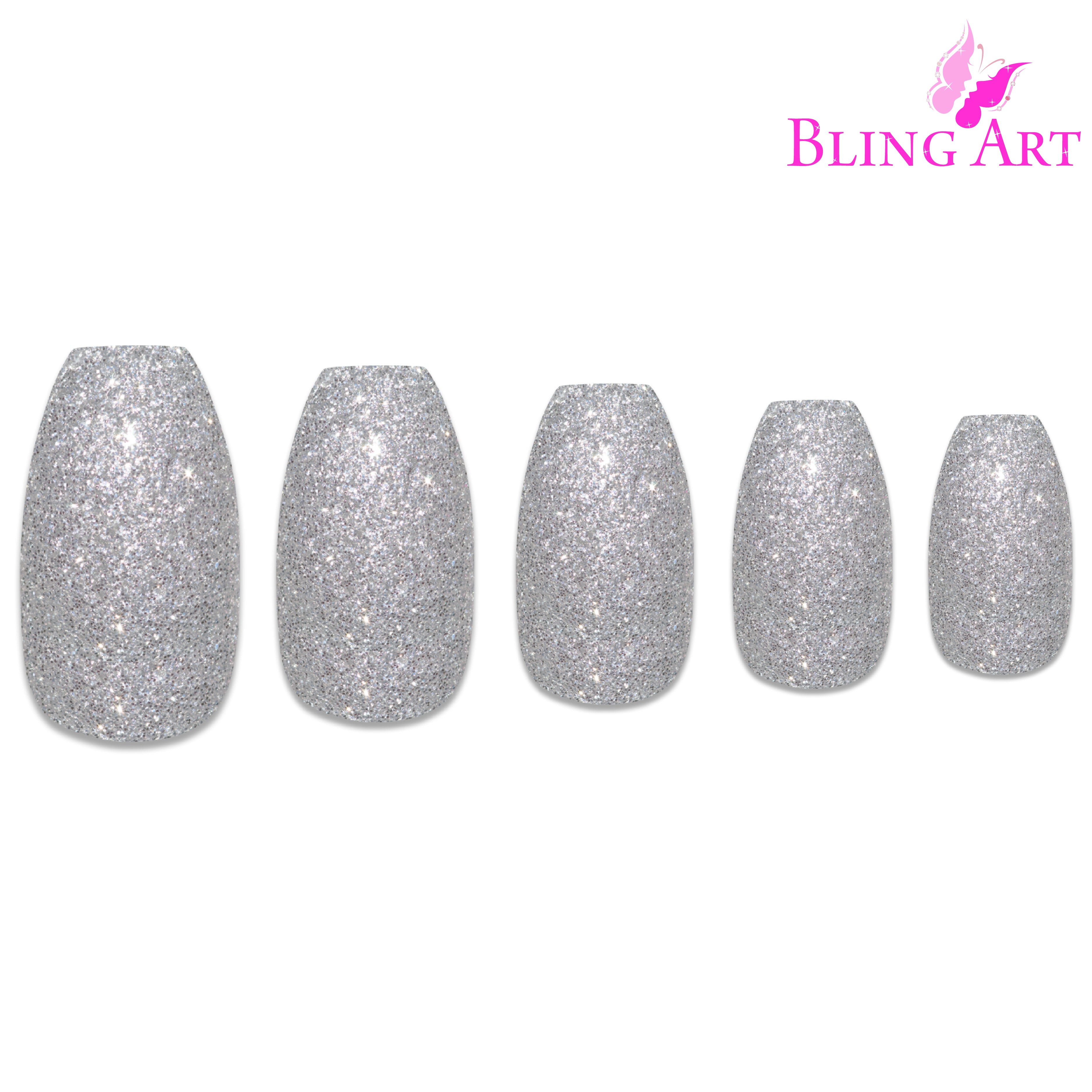 Silver gel ballerina coffin Bling Art press-on nails — full-hand reveal showing all 24 nails for parties and Christmas events.