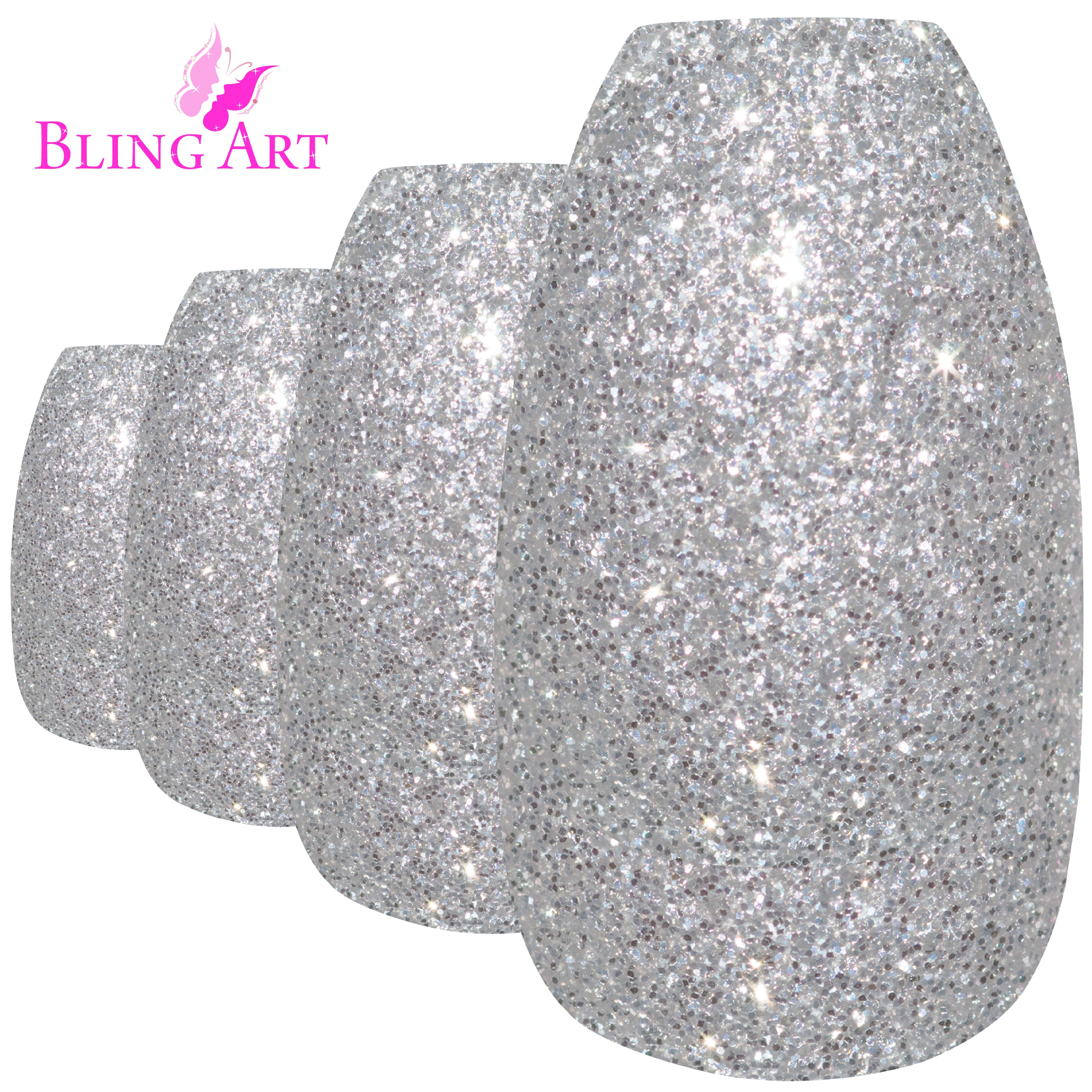 Silver gel ballerina coffin Bling Art press-on nails — worn-hand close-up showing the chrome silver gel on long ballerina coffin tips. Ballerina = Coffin (same shape).