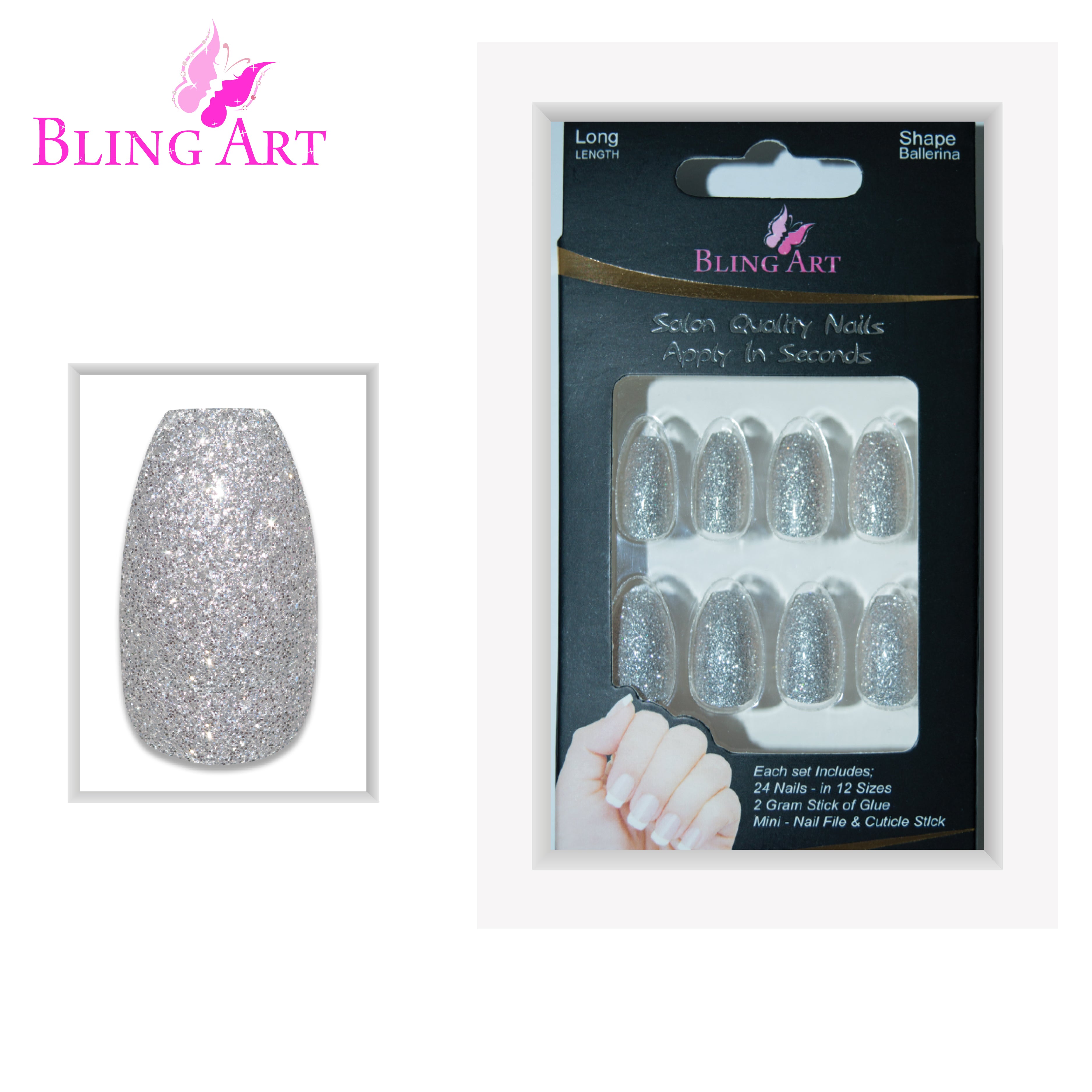 Silver gel ballerina coffin Bling Art press-on nails — lifestyle context shot showing the sleek chrome silver gel finish.