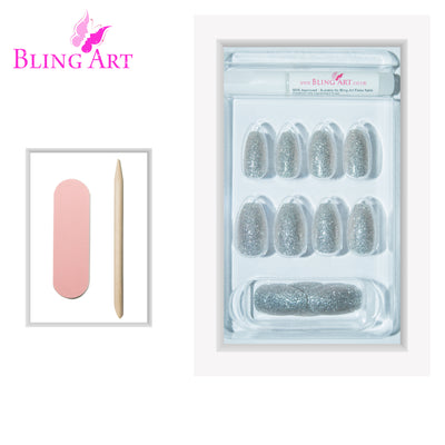 Cool chrome silver gel ballerina coffin long press-on false nails by Bling Art — sleek metallic glamour for parties, Christmas, and editorial looks · glossy salon-grade gel coat · long ballerina coffin tips · 24 nails per set with adhesive · designed in Yorkshire