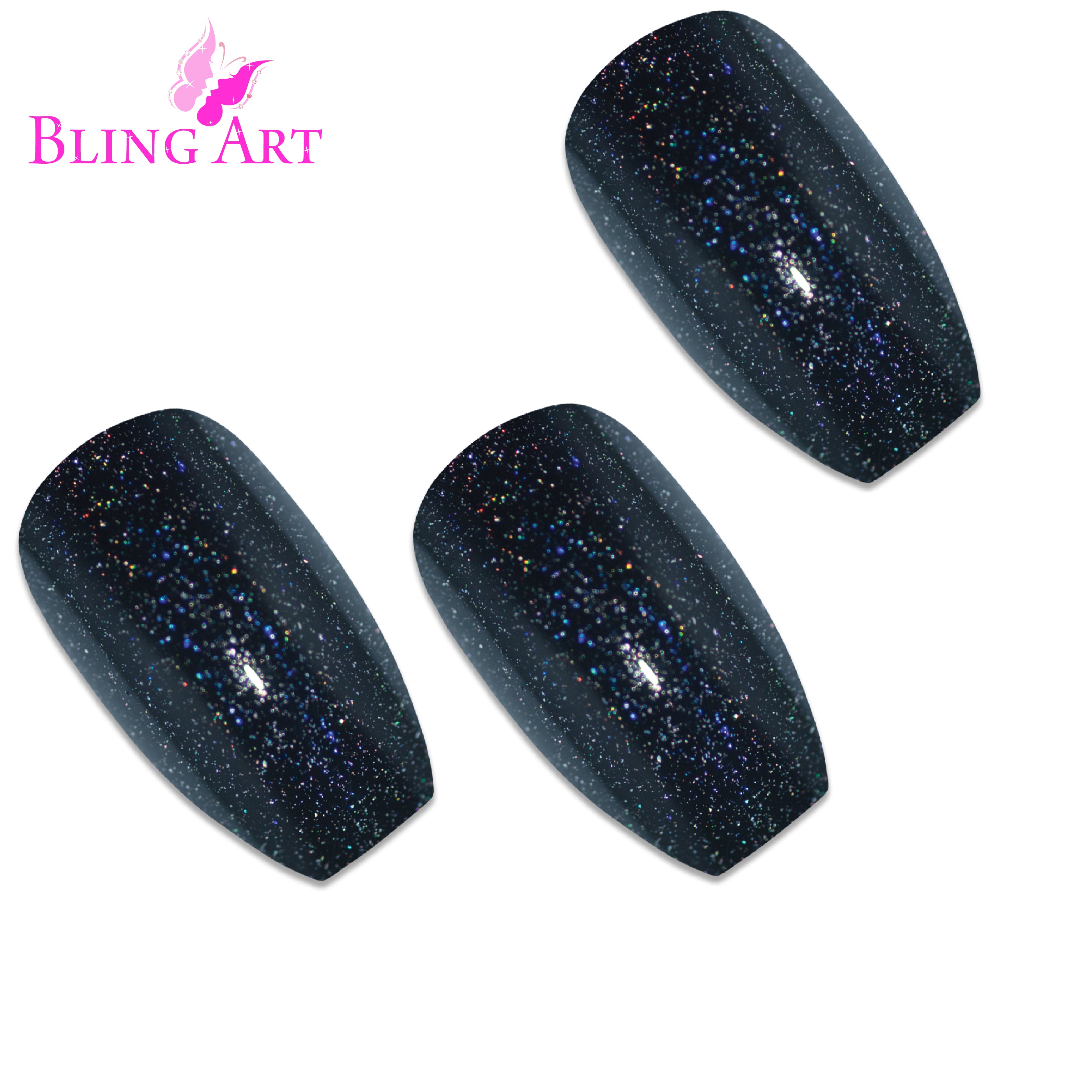 Black gel ballerina coffin Bling Art press-on nails — worn-hand close-up showing the jet-black gel coat on long ballerina coffin tips.