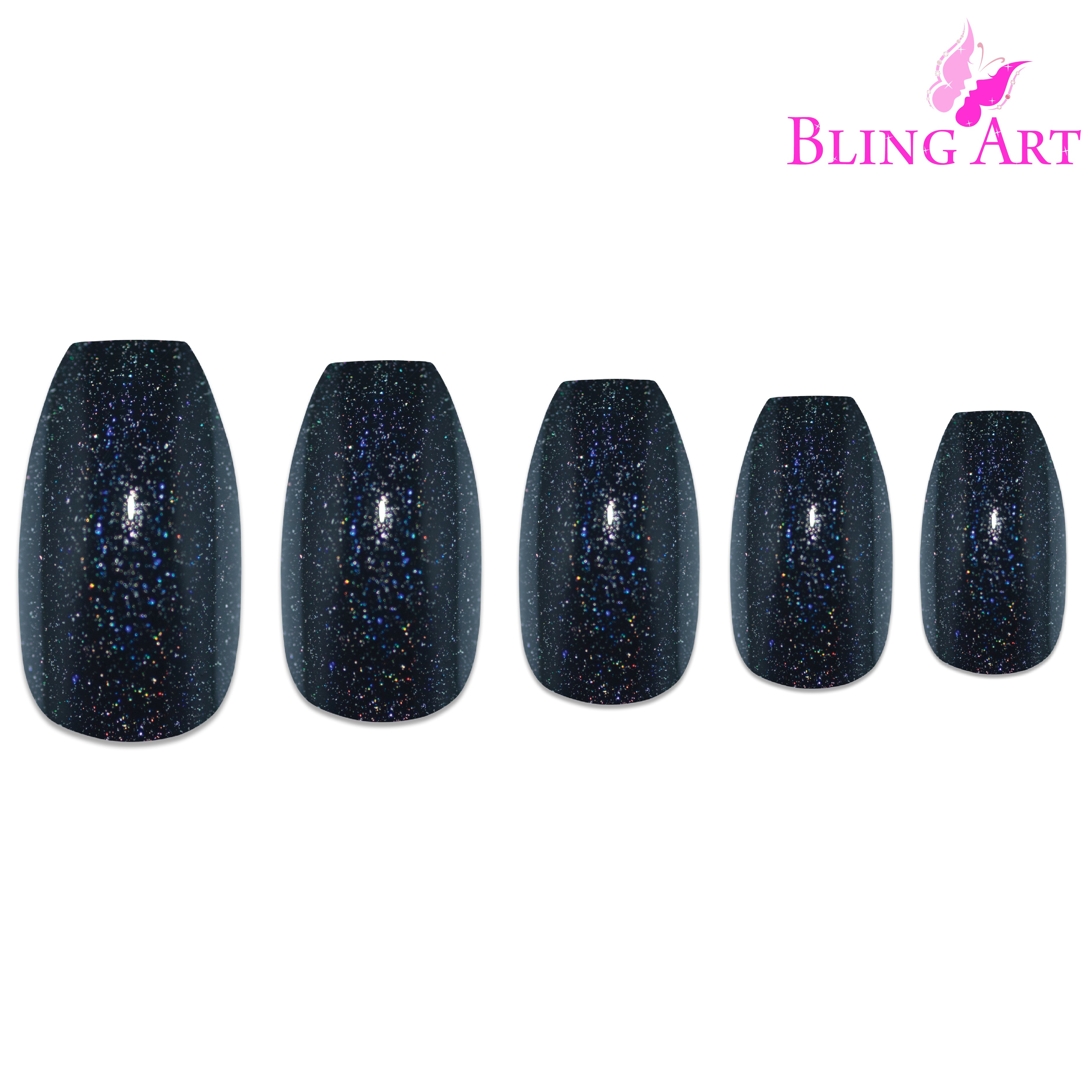 Black gel ballerina coffin Bling Art press-on nails — alternative angle revealing the bond line on the long ballerina coffin shape.