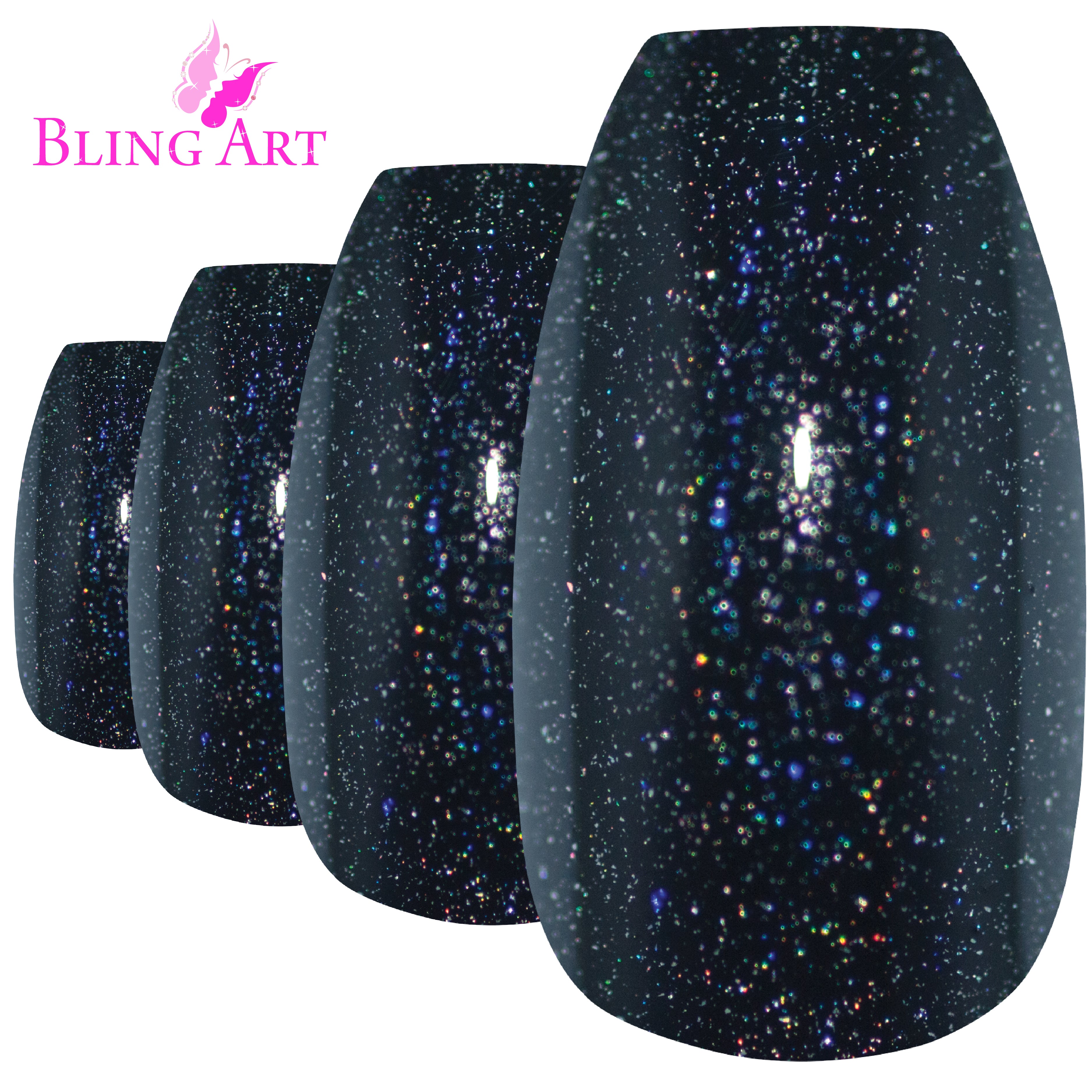 Bling Art Black gel ballerina coffin press-on nail set packaging — 24 nails, 12 sizes XS-XXL, file and cuticle stick included. Glue not included.