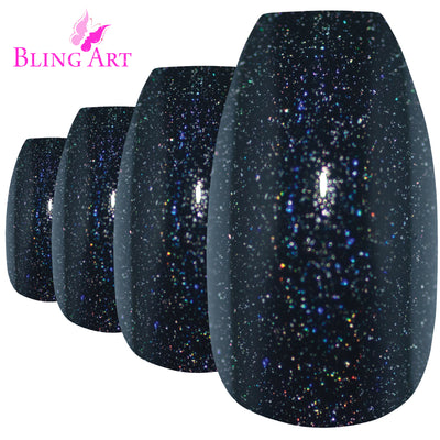 Black gel ballerina coffin long press-on false nails by Bling Art — deep jet-black high-shine gel for evening wear and editorial styling. 24 nails, 12 sizes XS-XXL, no UV lamp. Designed in Yorkshire UK. Ballerina = Coffin (same shape).