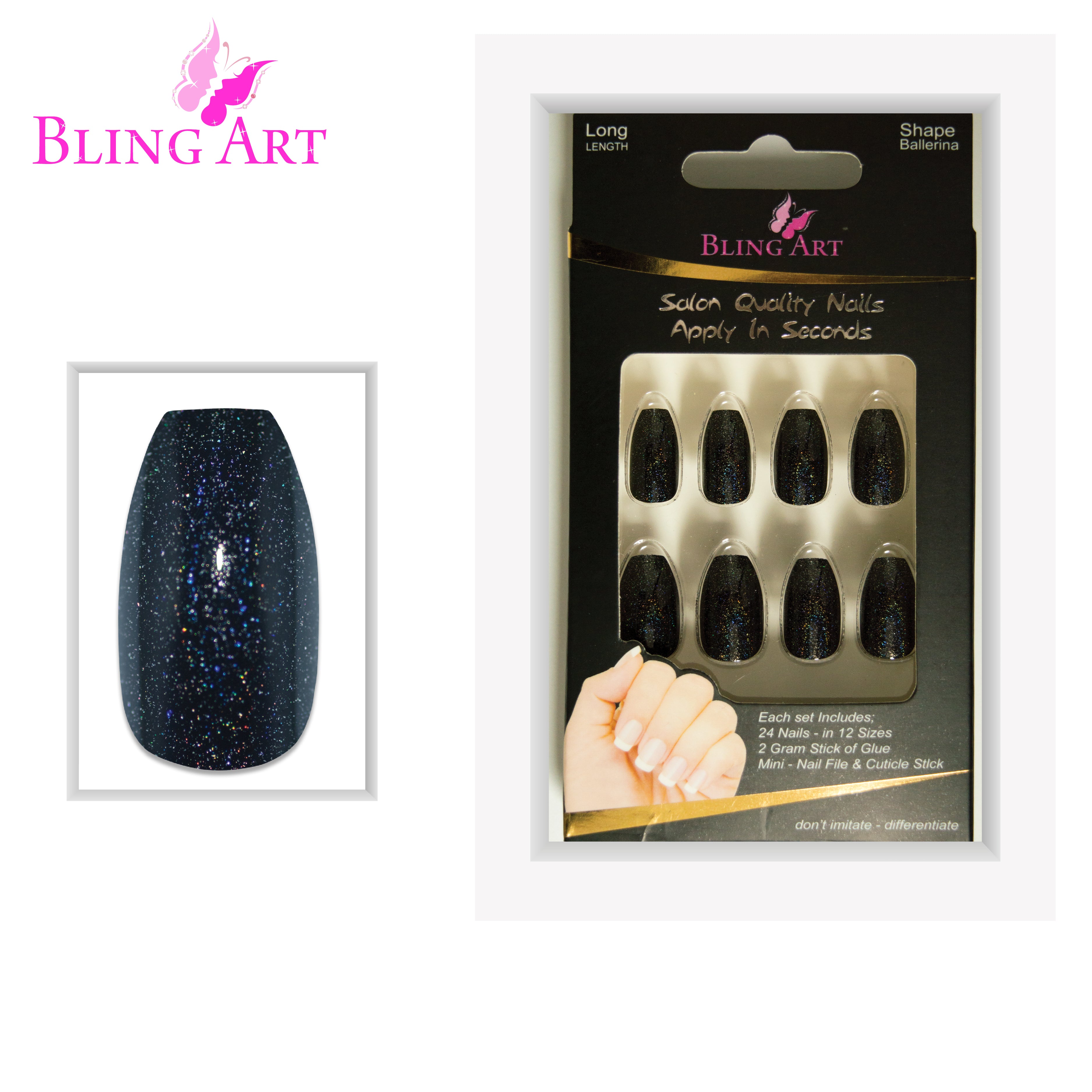 Black gel ballerina coffin Bling Art press-on nails — full-hand reveal showing all 24 nails for evening wear and editorial styling.