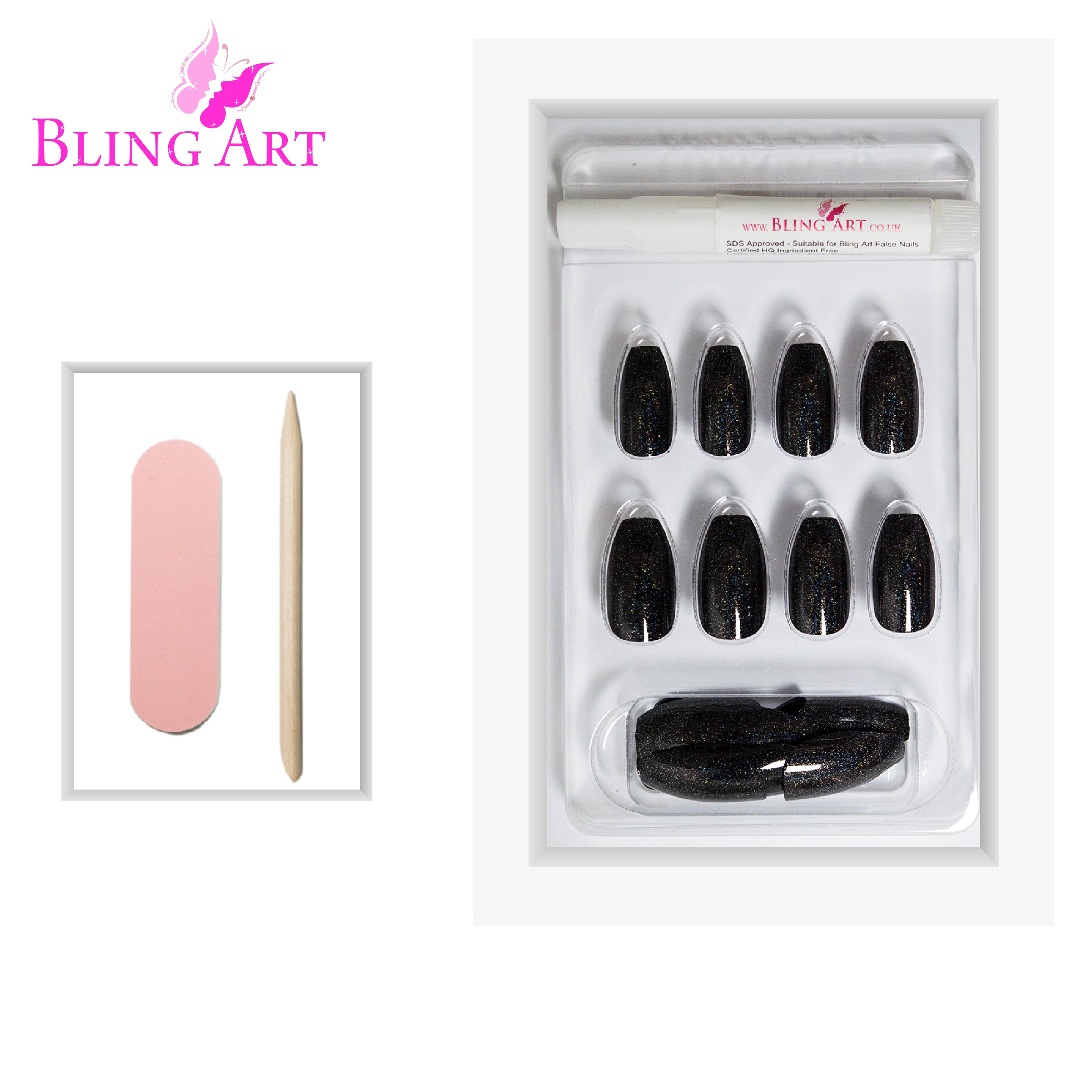 Black gel ballerina coffin Bling Art press-on nails — lifestyle context shot showing the sleek jet-black gel finish.