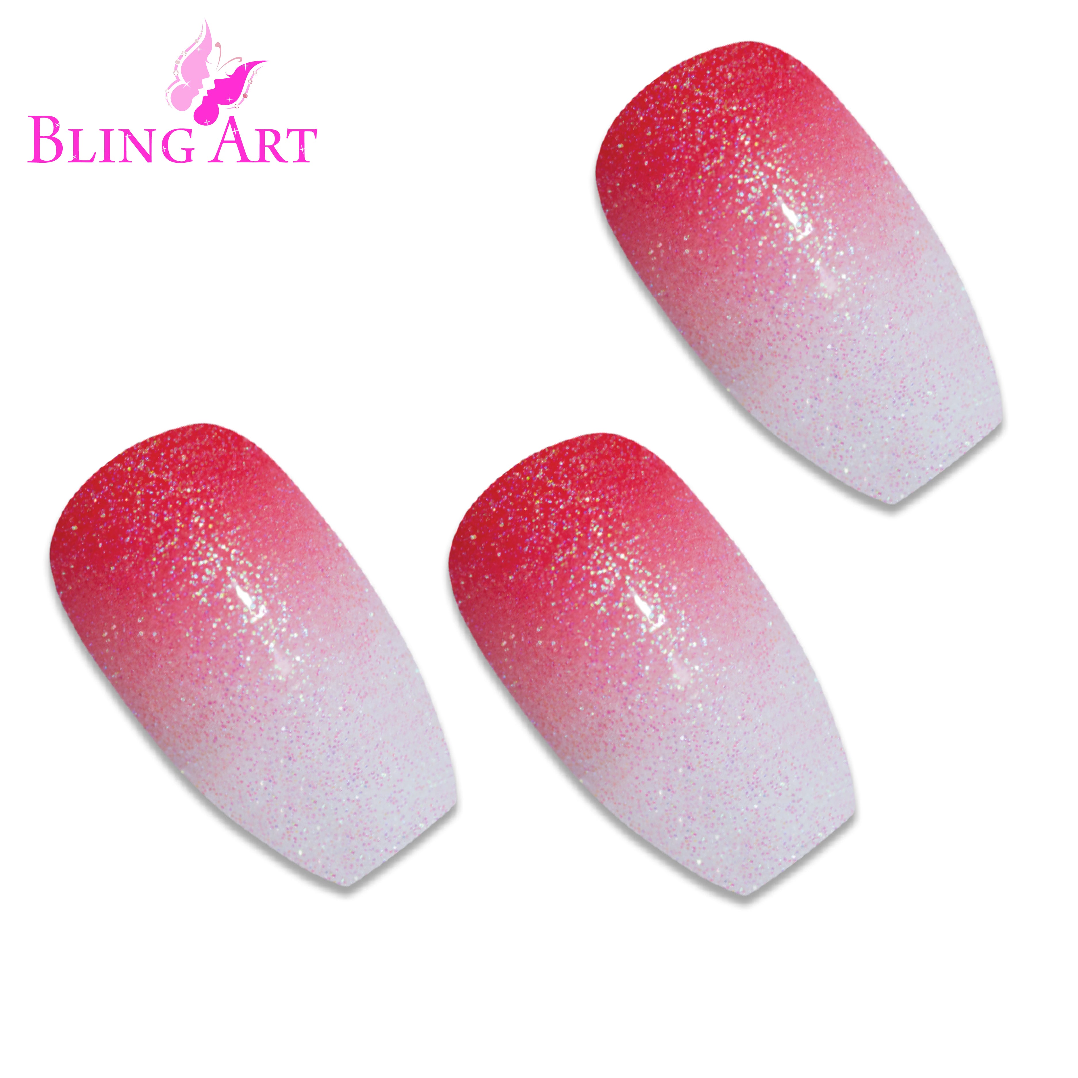 Red gel ombre ballerina coffin Bling Art press-on nails — alternative angle revealing the ombre transition on the long ballerina coffin shape.