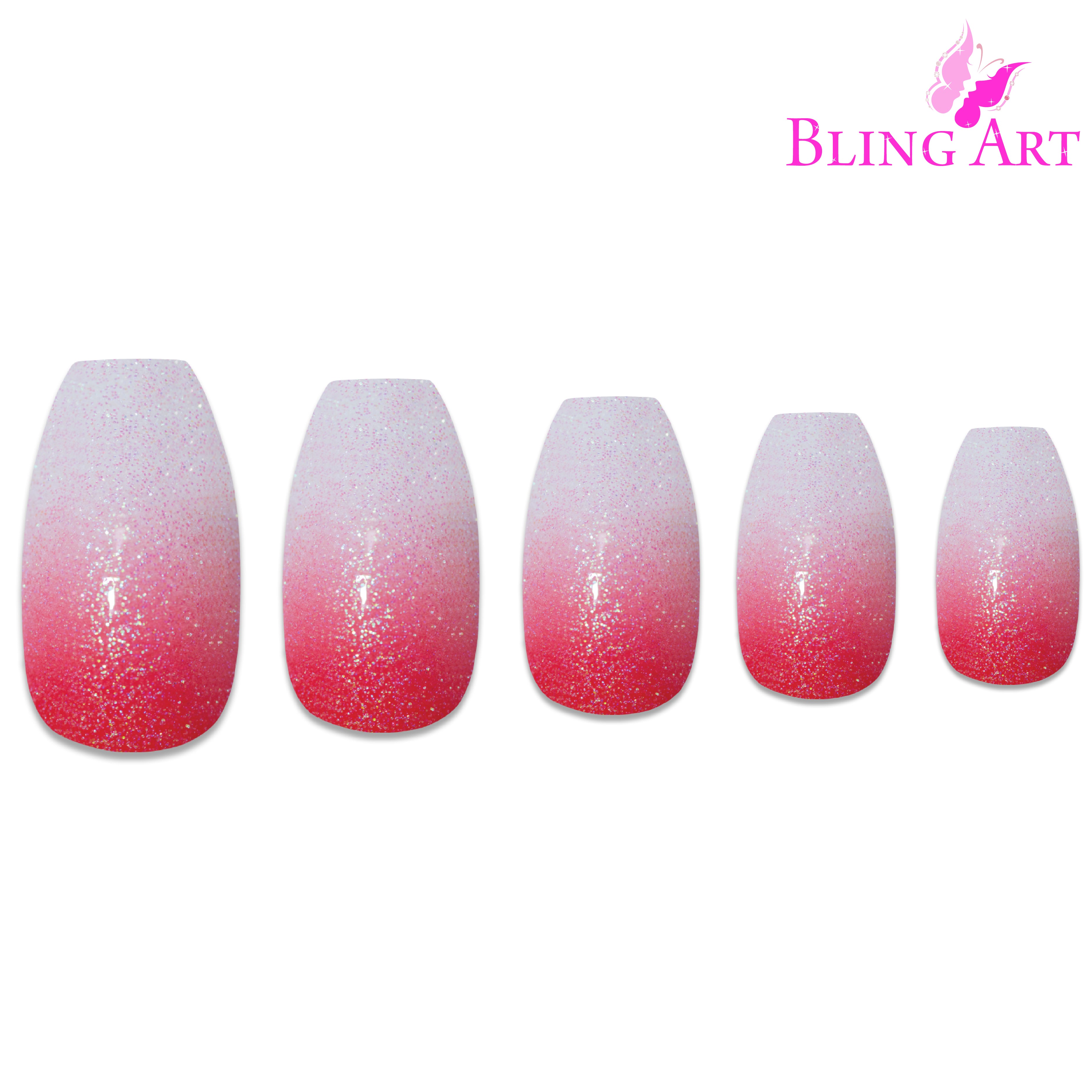 Red gel ombre ballerina coffin Bling Art press-on nails — full-hand reveal showing all 24 nails for date nights and Valentine's.