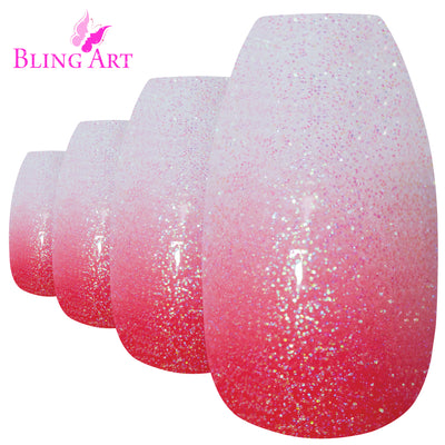 Red gel ombre ballerina coffin Bling Art press-on nails — worn-hand close-up showing the crimson-to-light gradient on long ballerina coffin tips. Ballerina = Coffin (same shape).