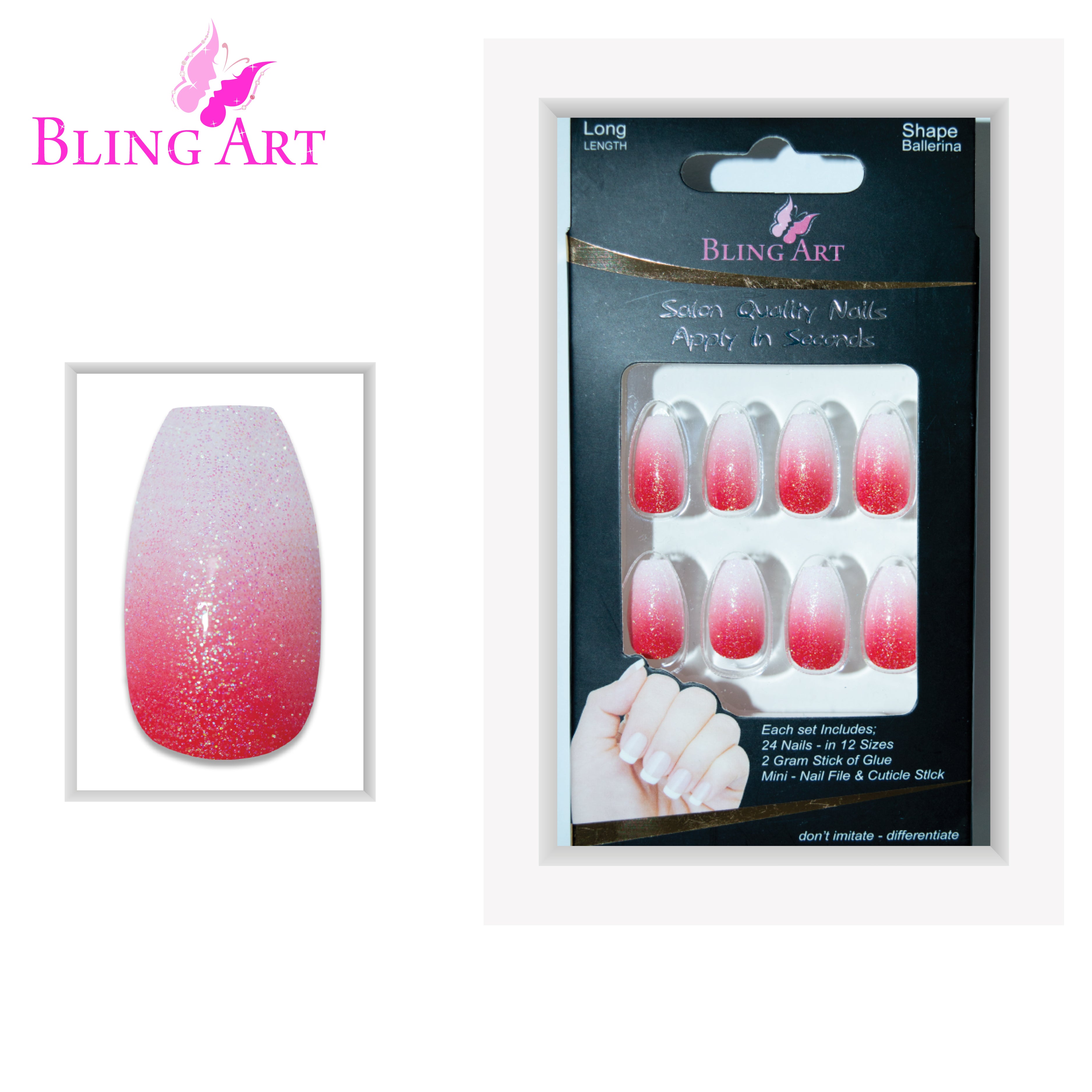 Red gel ombre ballerina coffin Bling Art press-on nails — lifestyle context shot showing the bold crimson gradient finish.
