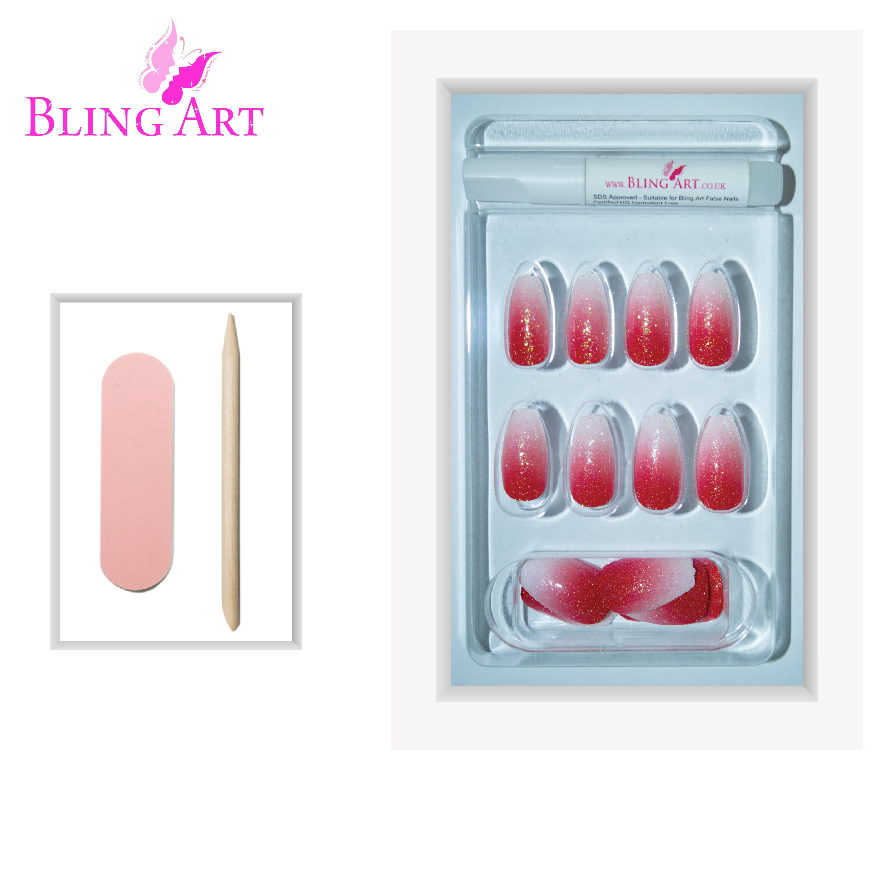 Bling Art Red gel ombre ballerina coffin press-on nail set packaging — 24 nails, 12 sizes XS-XXL, file and cuticle stick included. Glue not included.