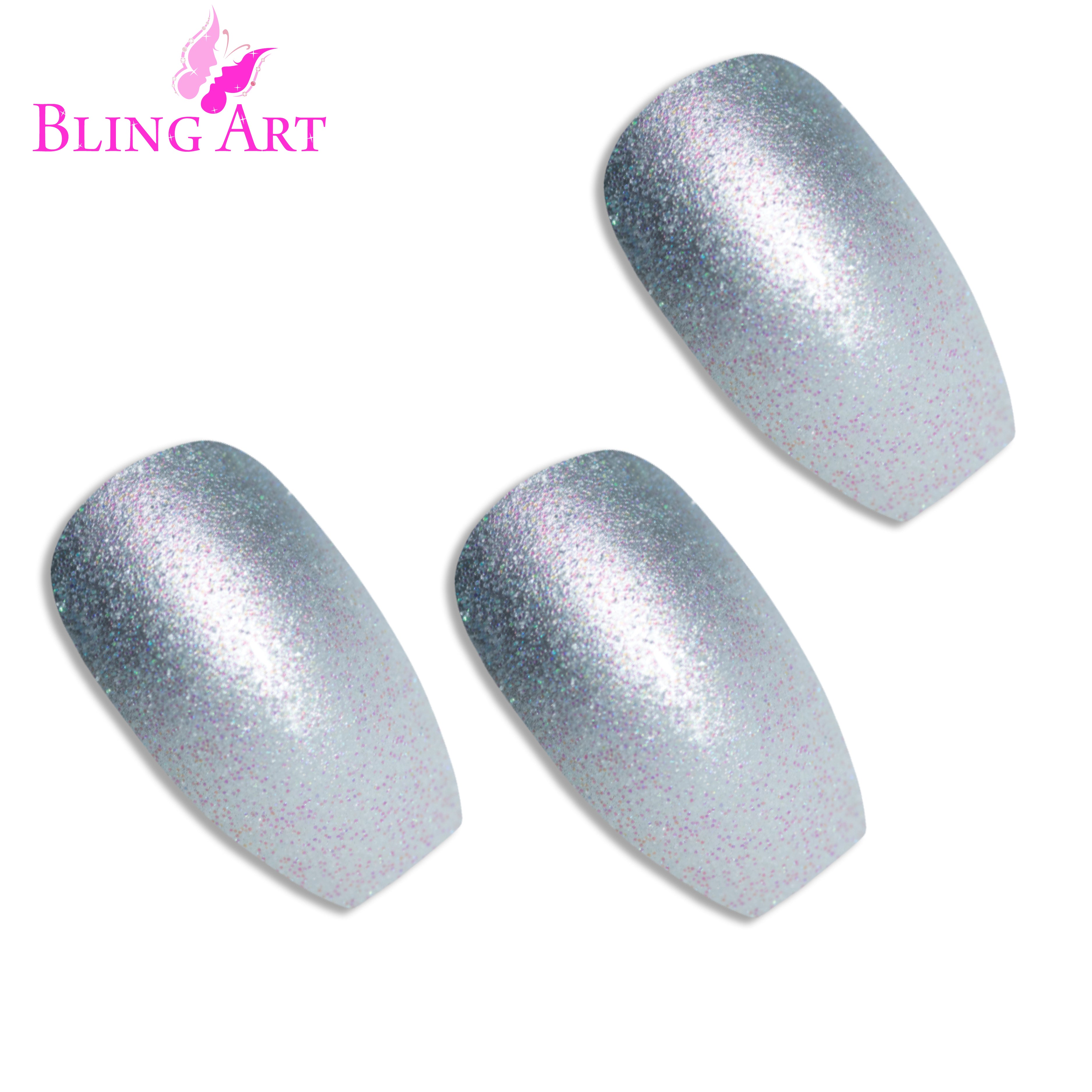 Silver gel ombre ballerina coffin Bling Art press-on nails — full-hand reveal showing all 24 nails for parties and Christmas events.