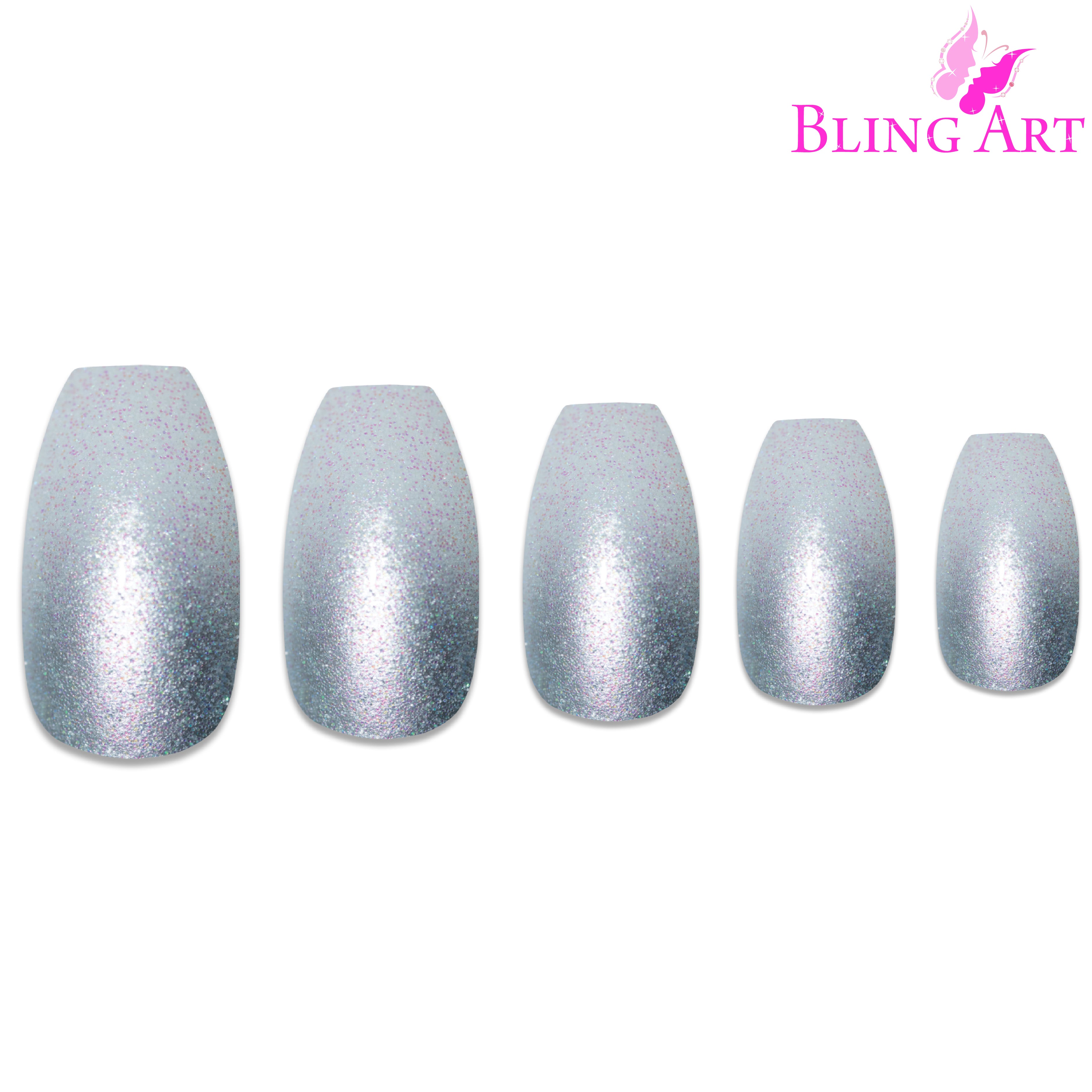 Silver gel ombre ballerina coffin Bling Art press-on nails — alternative angle revealing the ombre transition on the long ballerina coffin shape.