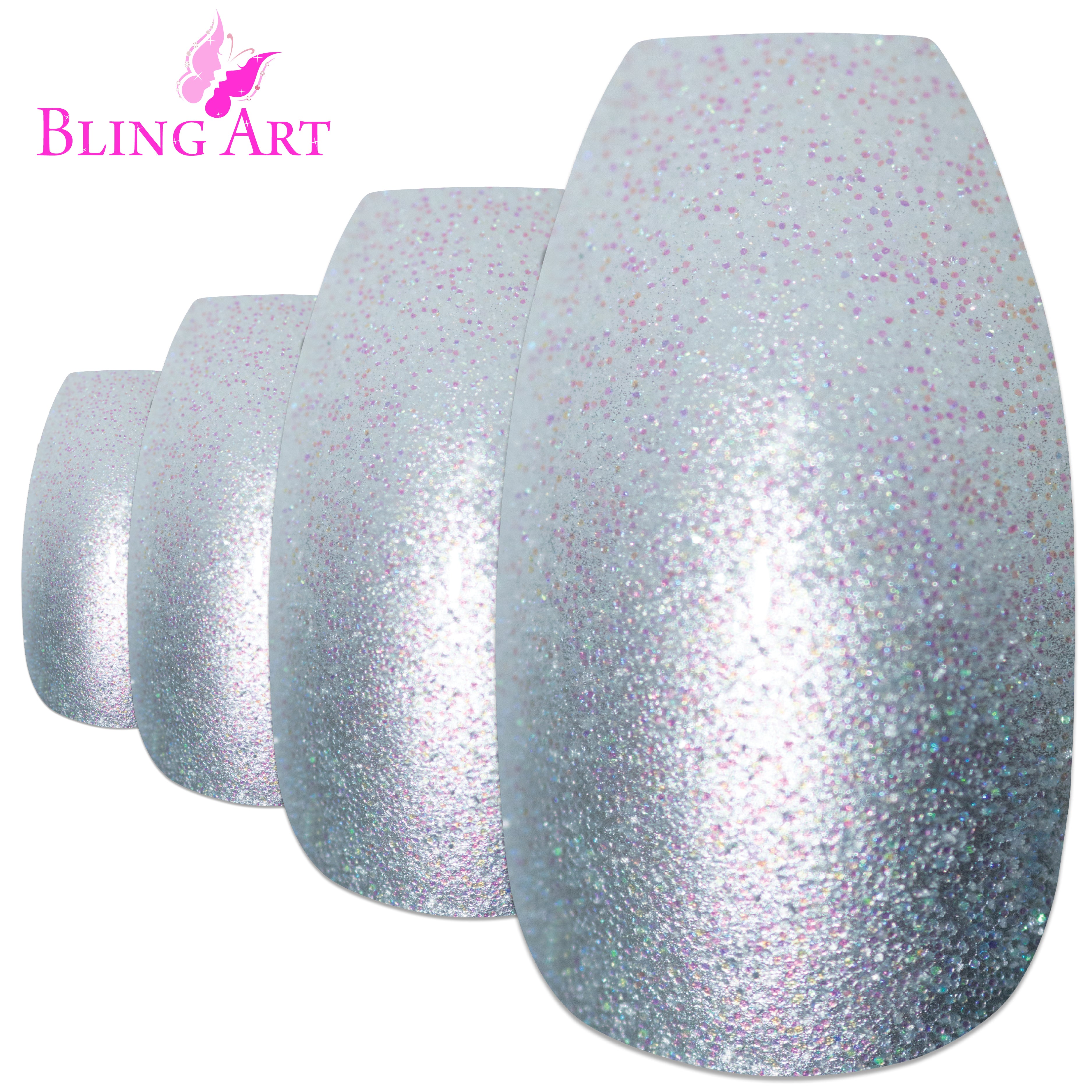 Silver gel ombre ballerina coffin Bling Art press-on nails — worn-hand close-up showing the chrome silver gradient on long ballerina coffin tips.