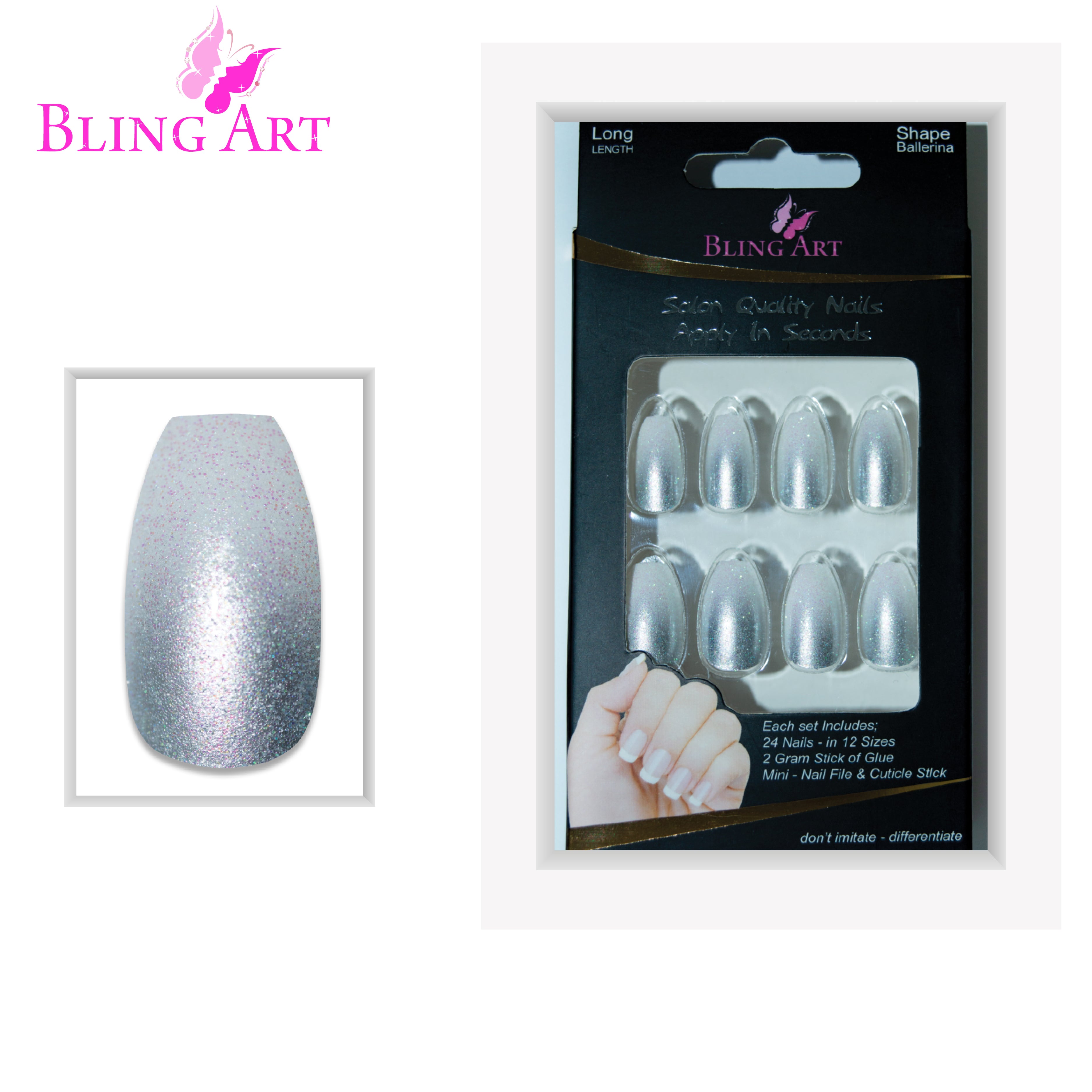 Silver gel ombre ballerina coffin Bling Art press-on nails — lifestyle context shot showing the sleek chrome silver gradient.