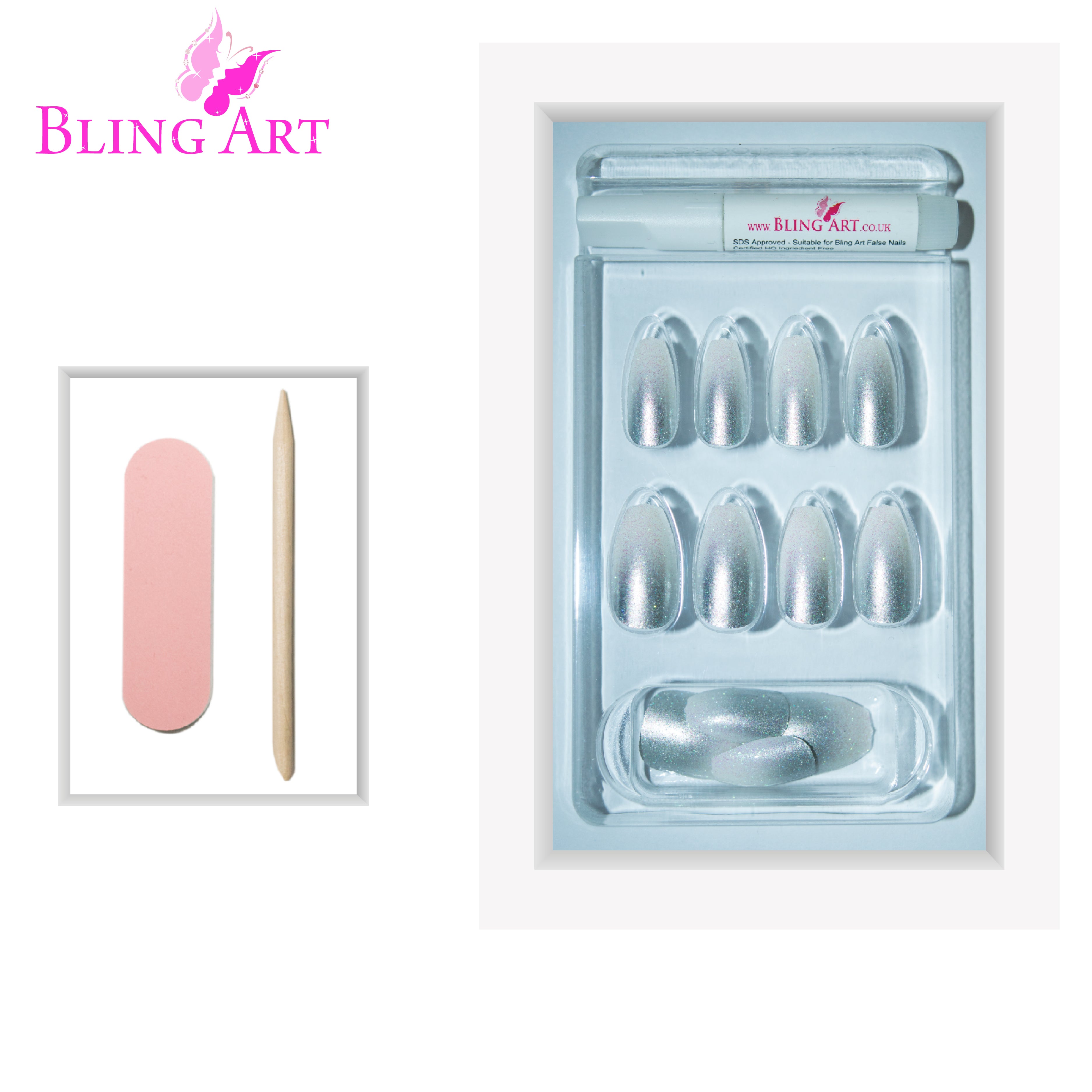 Bling Art Silver gel ombre ballerina coffin press-on nail set packaging — 24 nails, 12 sizes XS-XXL, file and cuticle stick included. Glue not included.