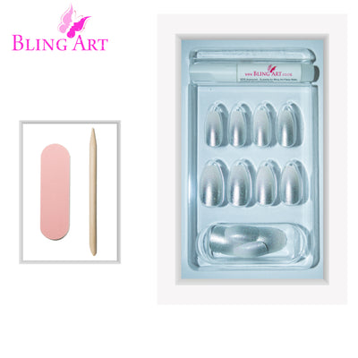 Silver gel ombre ballerina coffin long press-on false nails by Bling Art — chrome silver gradient gel ombre for parties, Christmas and editorial events. 24 nails, 12 sizes XS-XXL, no UV lamp. Designed in Yorkshire UK. Ballerina = Coffin (same shape).