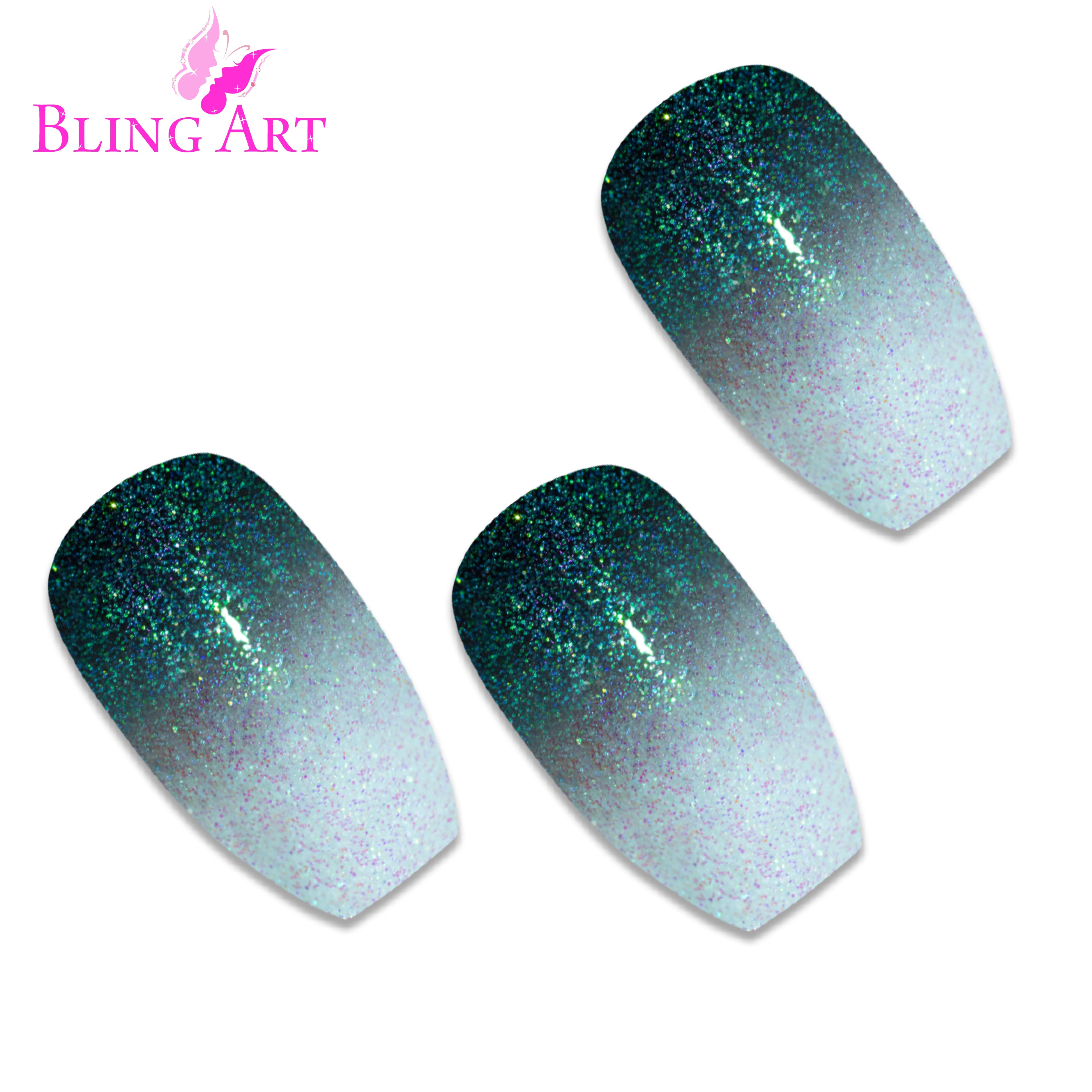 Black gel ombre ballerina coffin Bling Art press-on nails — worn-hand close-up showing the black-to-clear gradient on long ballerina coffin tips.