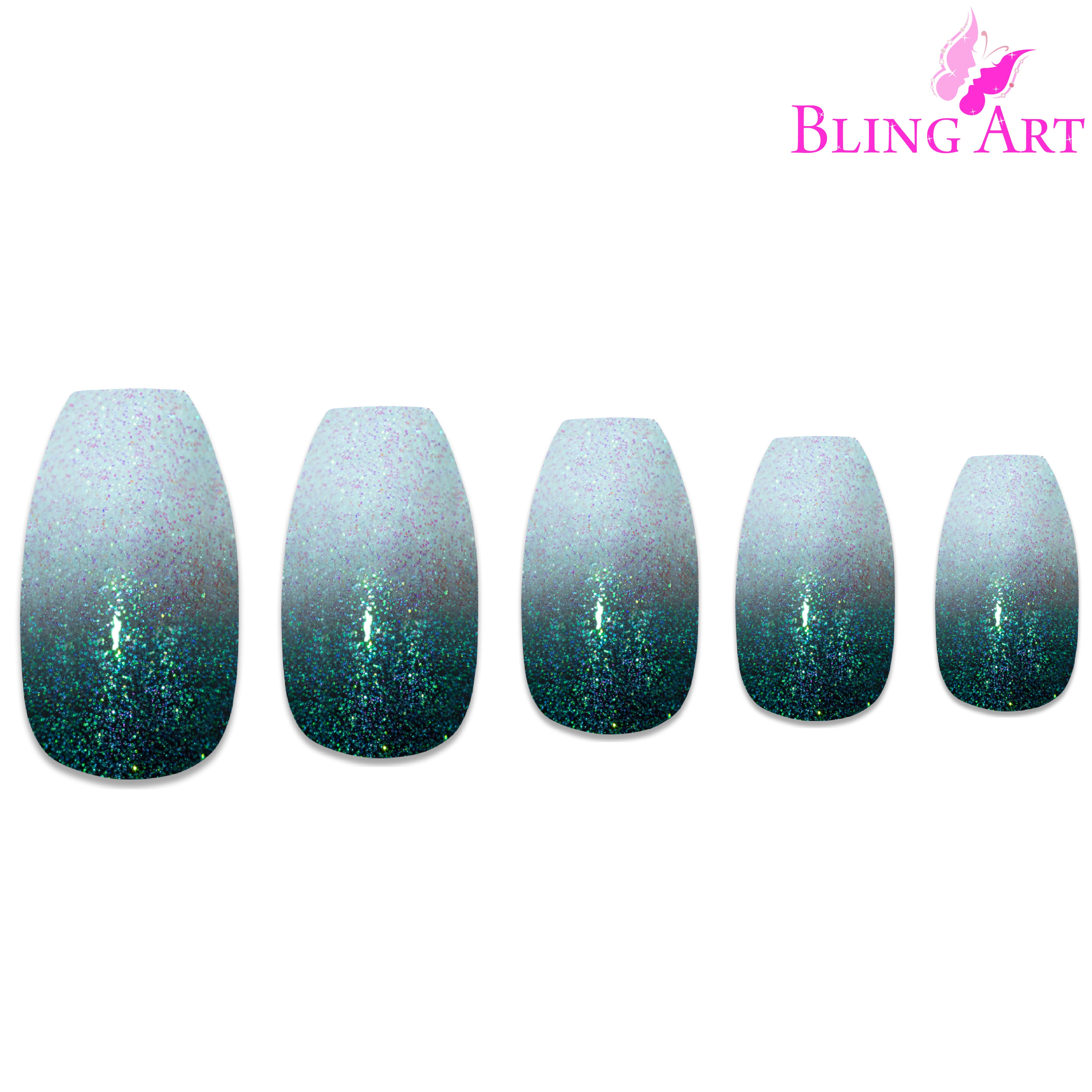 Black gel ombre ballerina coffin Bling Art press-on nails — alternative angle revealing the ombre transition on the long ballerina coffin shape.