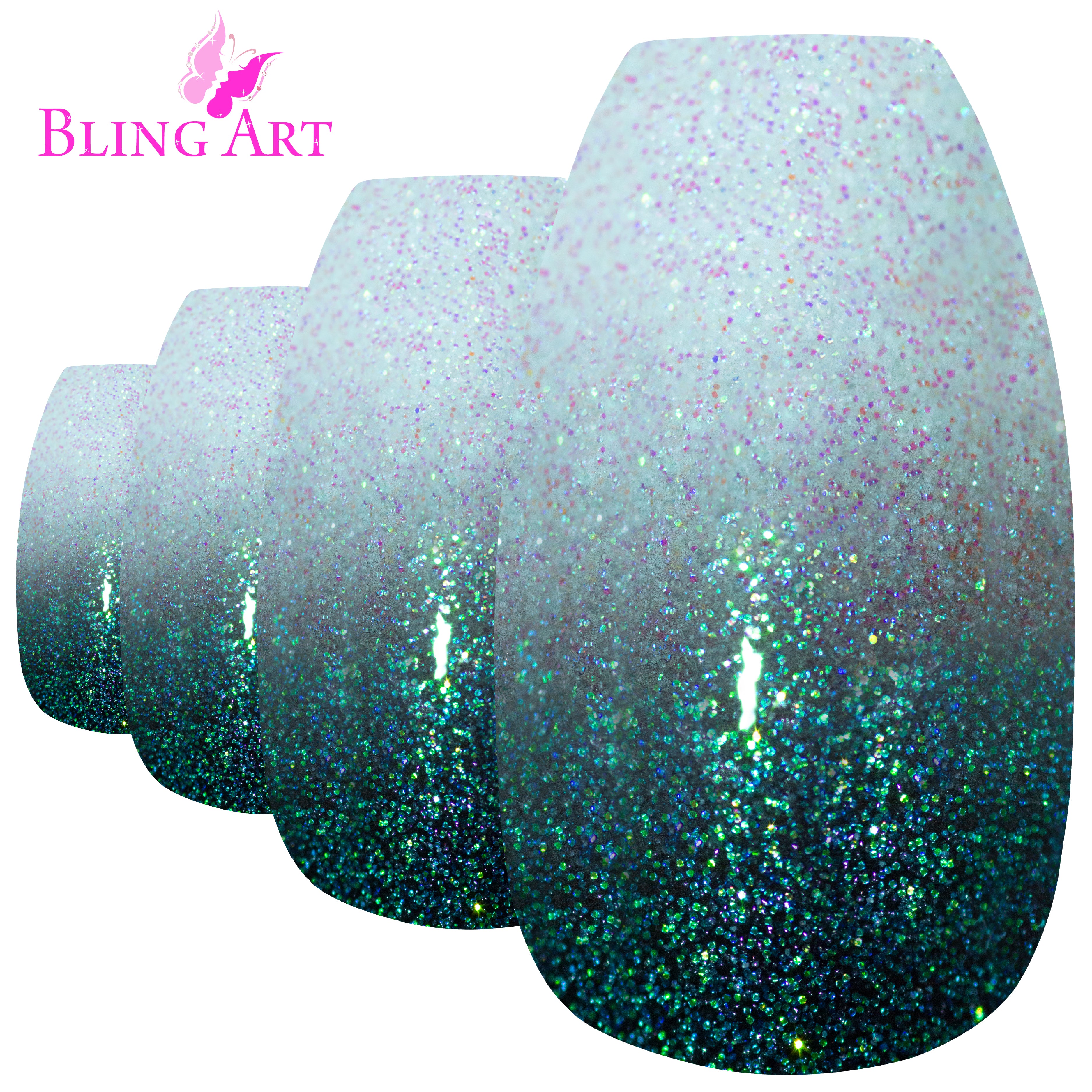 Black gel ombre ballerina coffin long press-on false nails by Bling Art — dramatic black-to-clear gradient gel ombre for parties, editorial wear and bold styling. 24 nails, 12 sizes XS-XXL, no UV lamp. Designed in Yorkshire UK. Ballerina = Coffin (same shape).
