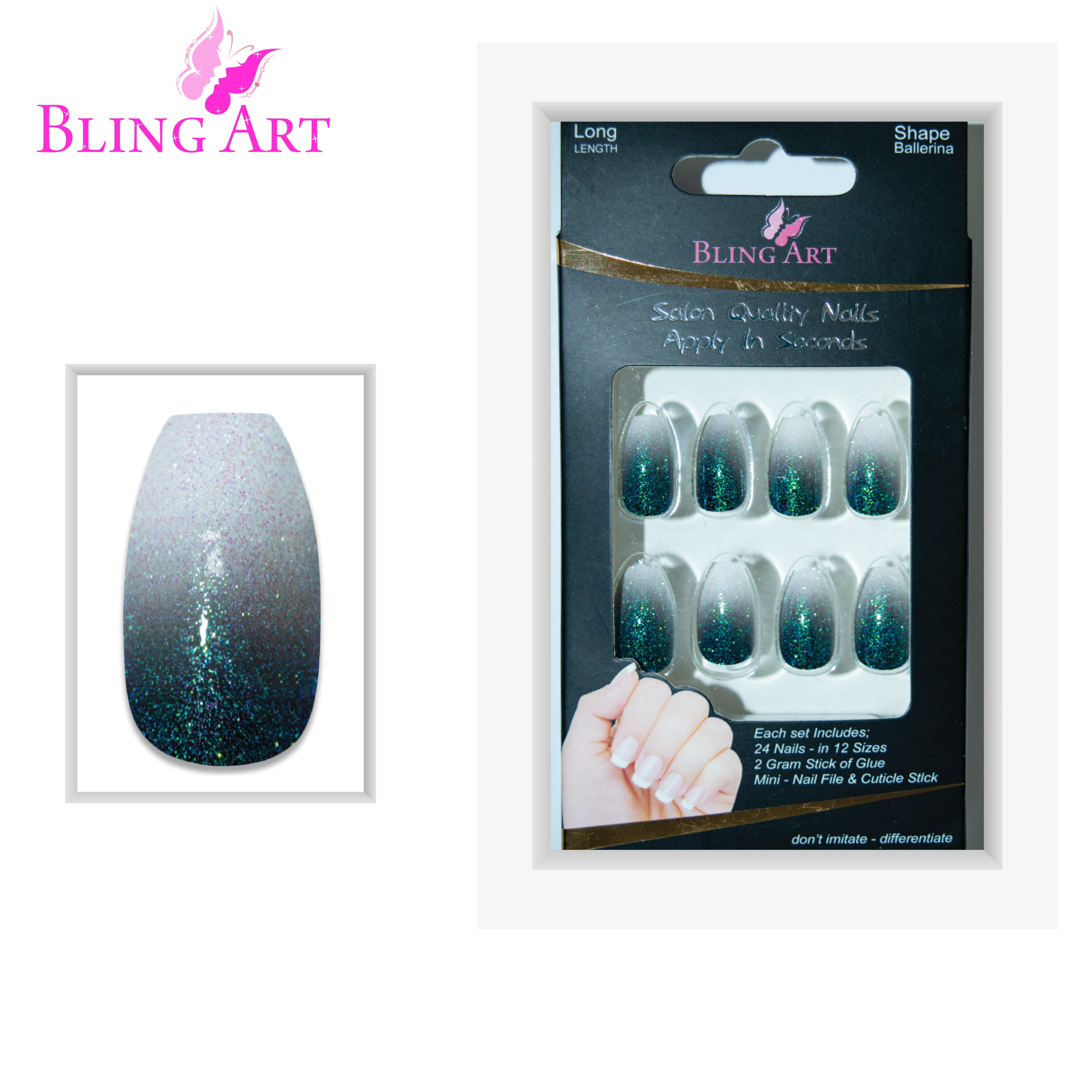 Black gel ombre ballerina coffin Bling Art press-on nails — full-hand reveal showing all 24 nails for evening events and editorial styling.