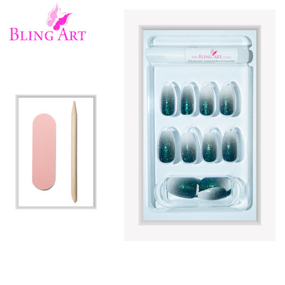 Black gel ombre ballerina coffin long press-on false nails by Bling Art — dramatic black-to-clear gradient gel ombre for parties, editorial wear and bold styling. 24 nails, 12 sizes XS-XXL, no UV lamp. Designed in Yorkshire UK. Ballerina = Coffin (same shape).
