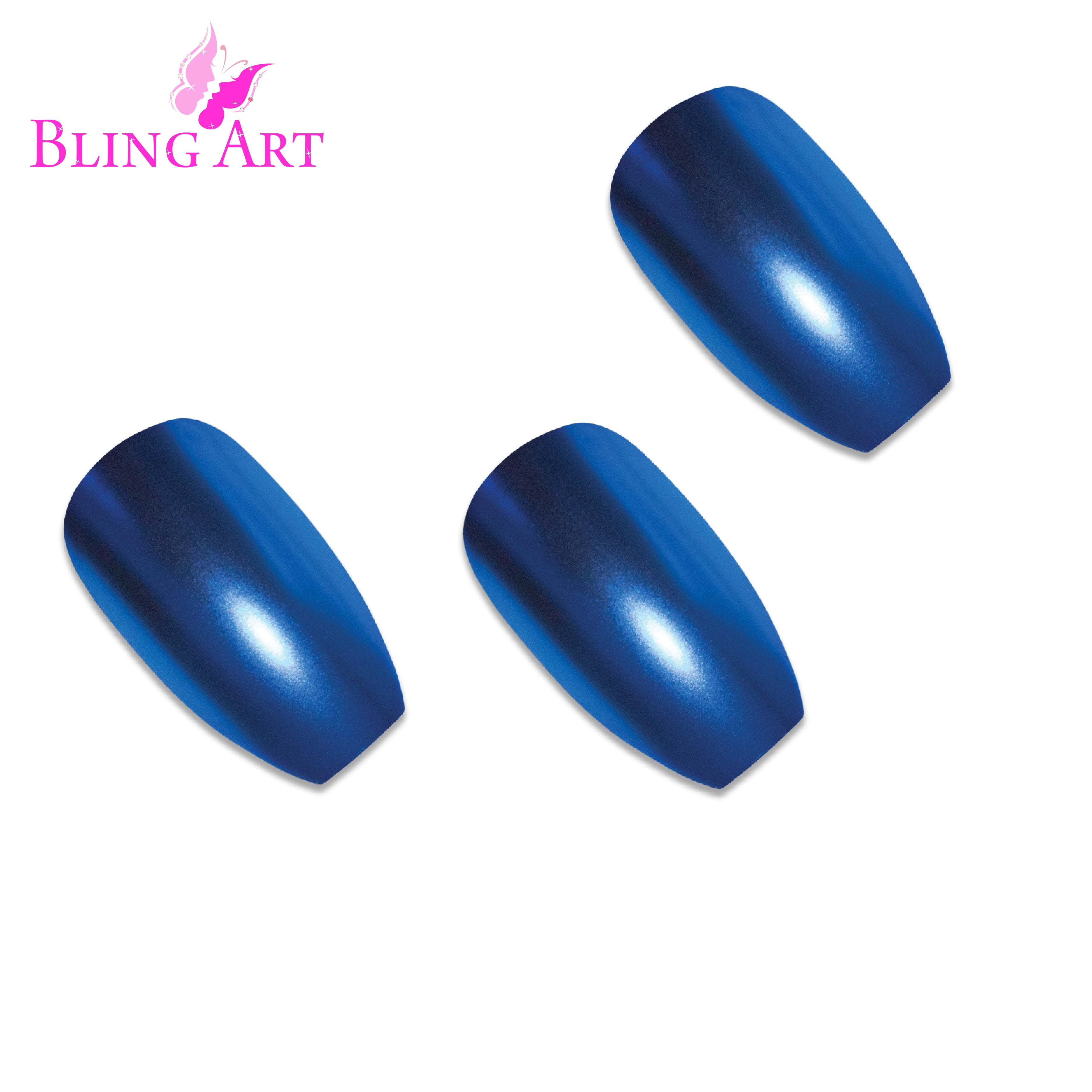False Nails by Bling Art Blue Matte Metallic Ballerina Coffin Fake Acrylic Tips