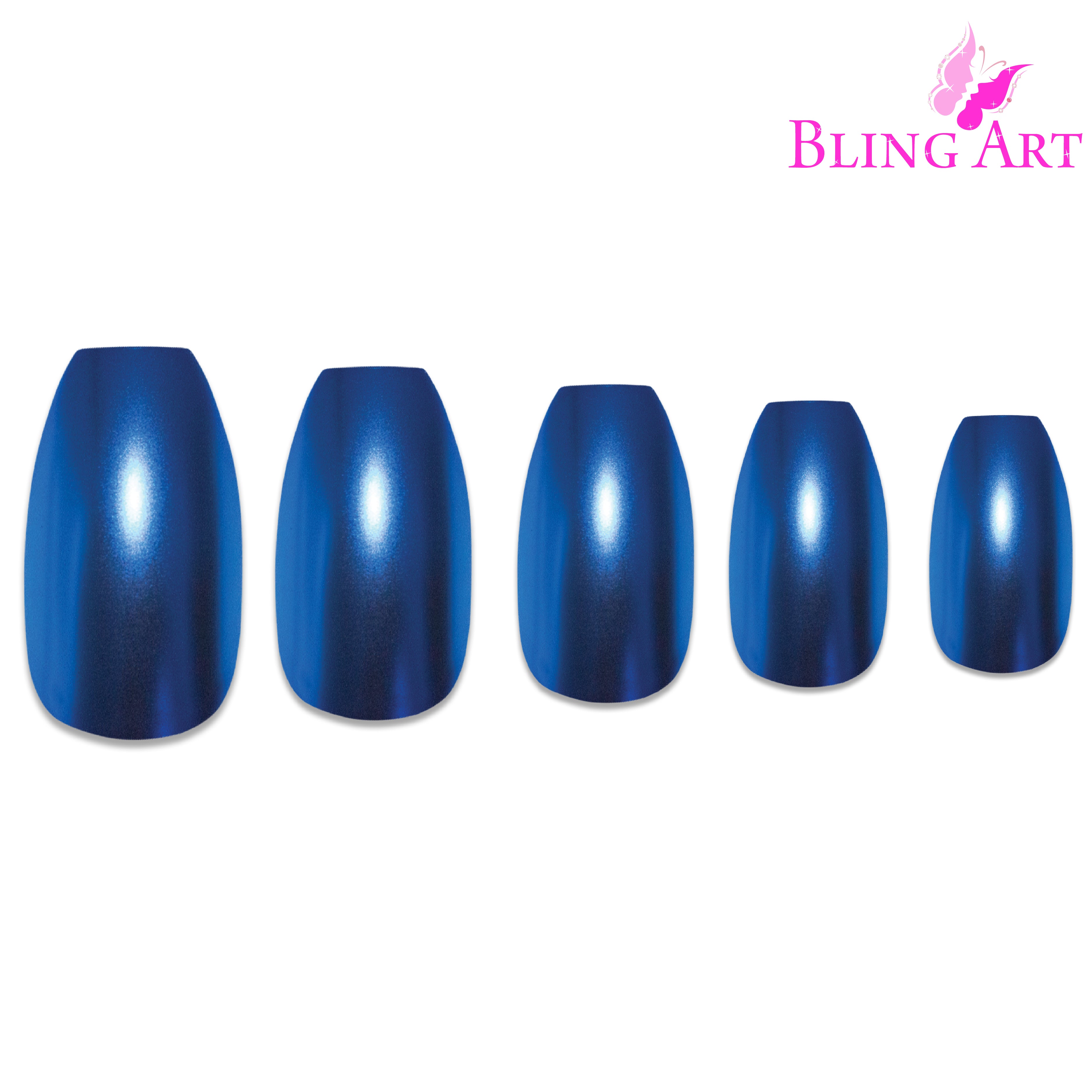 False Nails by Bling Art Blue Matte Metallic Ballerina Coffin Fake Acrylic Tips