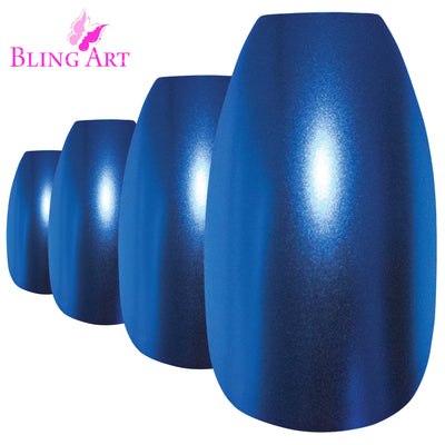 Vivid ocean blue matte-metallic ballerina coffin press-on false nails by Bling Art — bold metallic colour for festivals, parties, and statement events · chrome-finish metallic with velvet matte texture · long ballerina coffin tips · 24 nails per set with adhesive · designed in Yorkshire