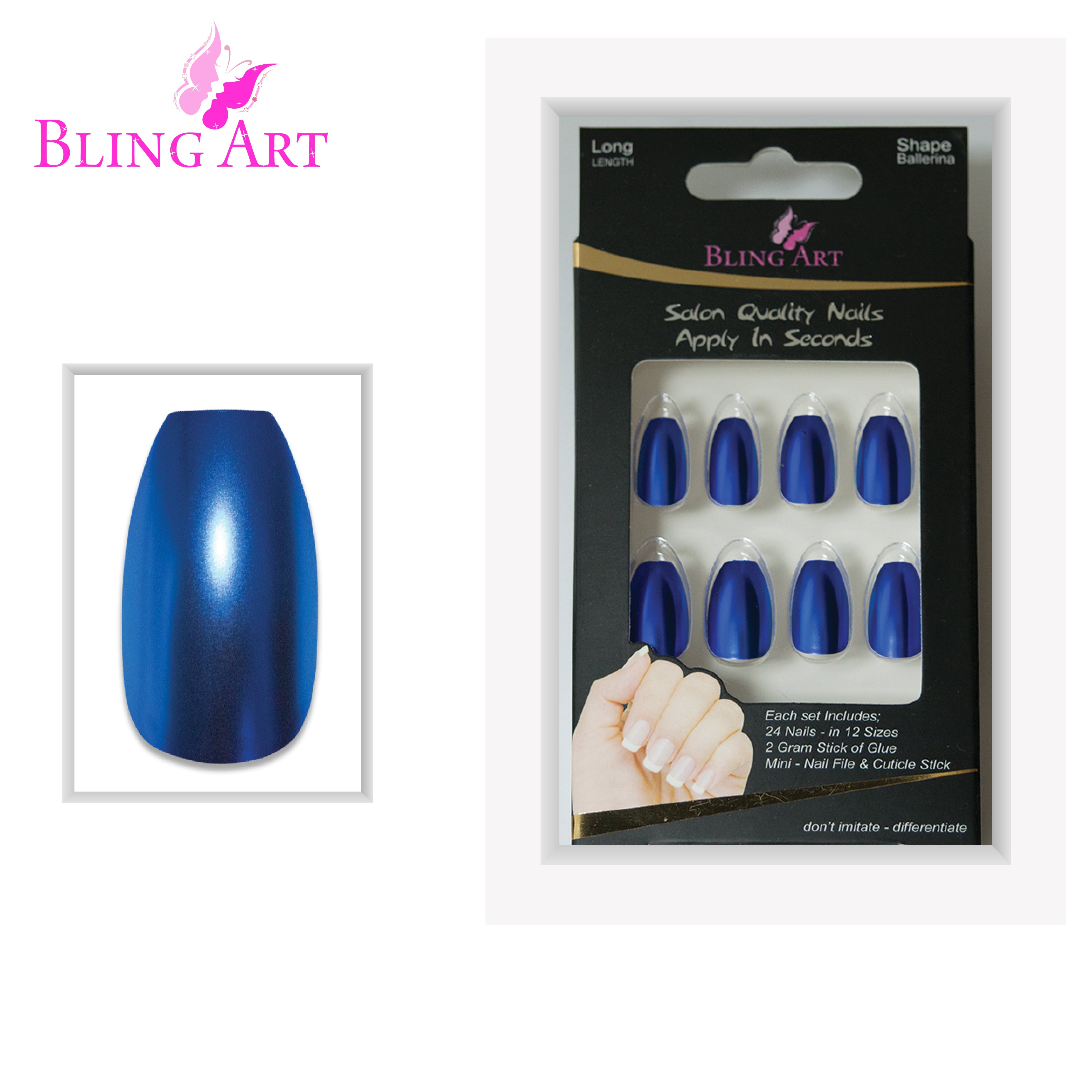 False Nails by Bling Art Blue Matte Metallic Ballerina Coffin Fake Acrylic Tips