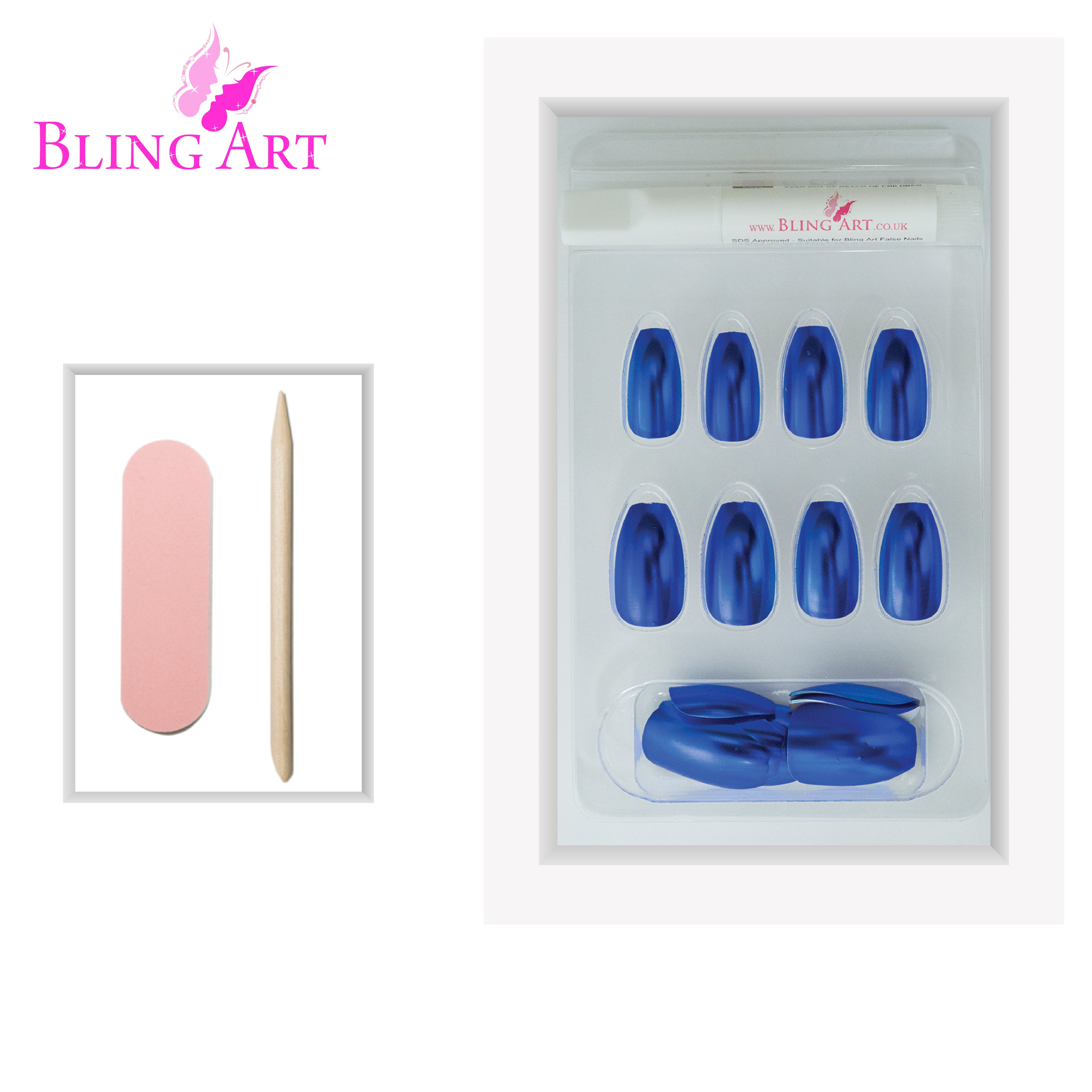 False Nails by Bling Art Blue Matte Metallic Ballerina Coffin Fake Acrylic Tips
