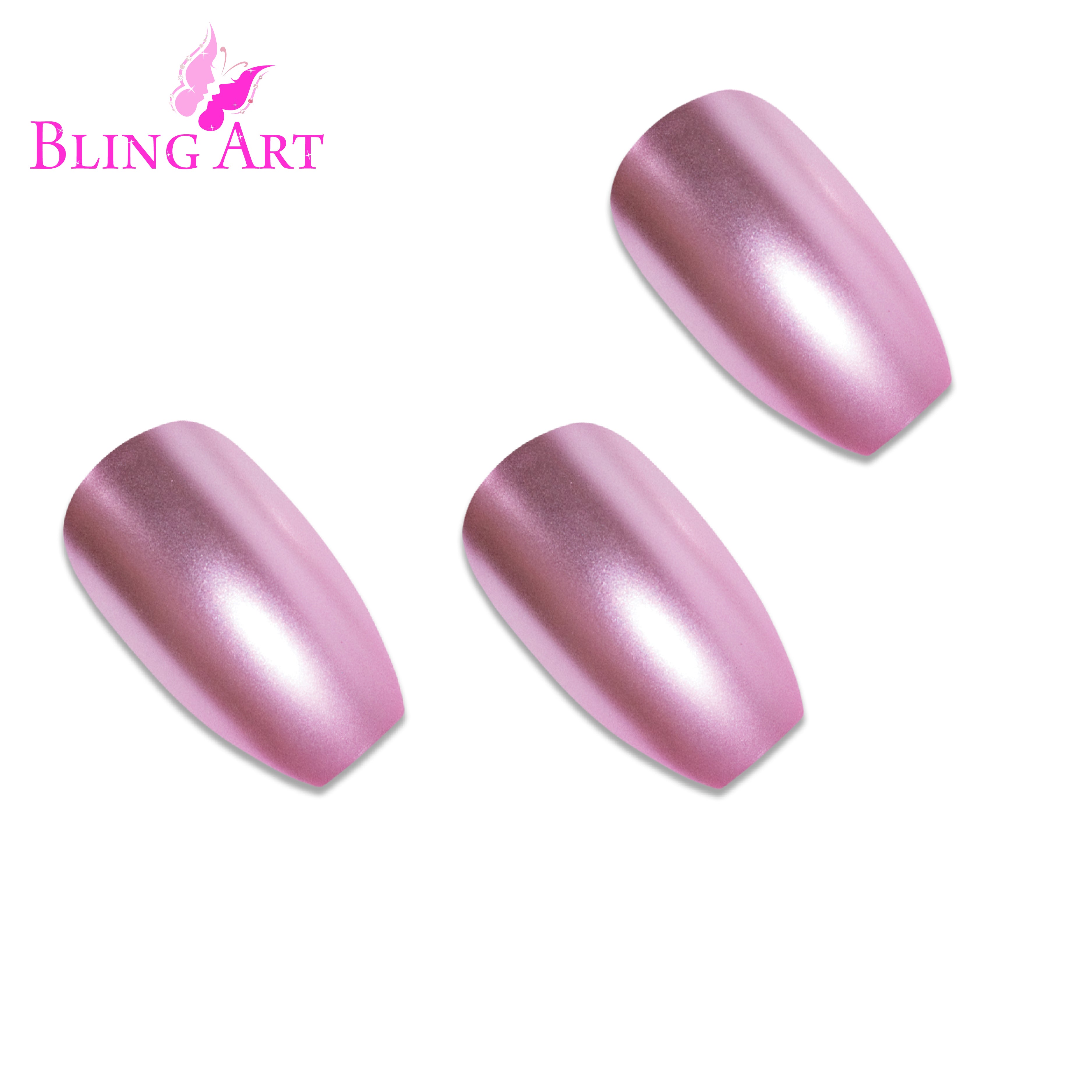 Pink matte metallic ballerina coffin Bling Art press-on nails — worn-hand close-up showing the blush-pink chrome-matte on long ballerina coffin tips. Ballerina = Coffin (same shape).