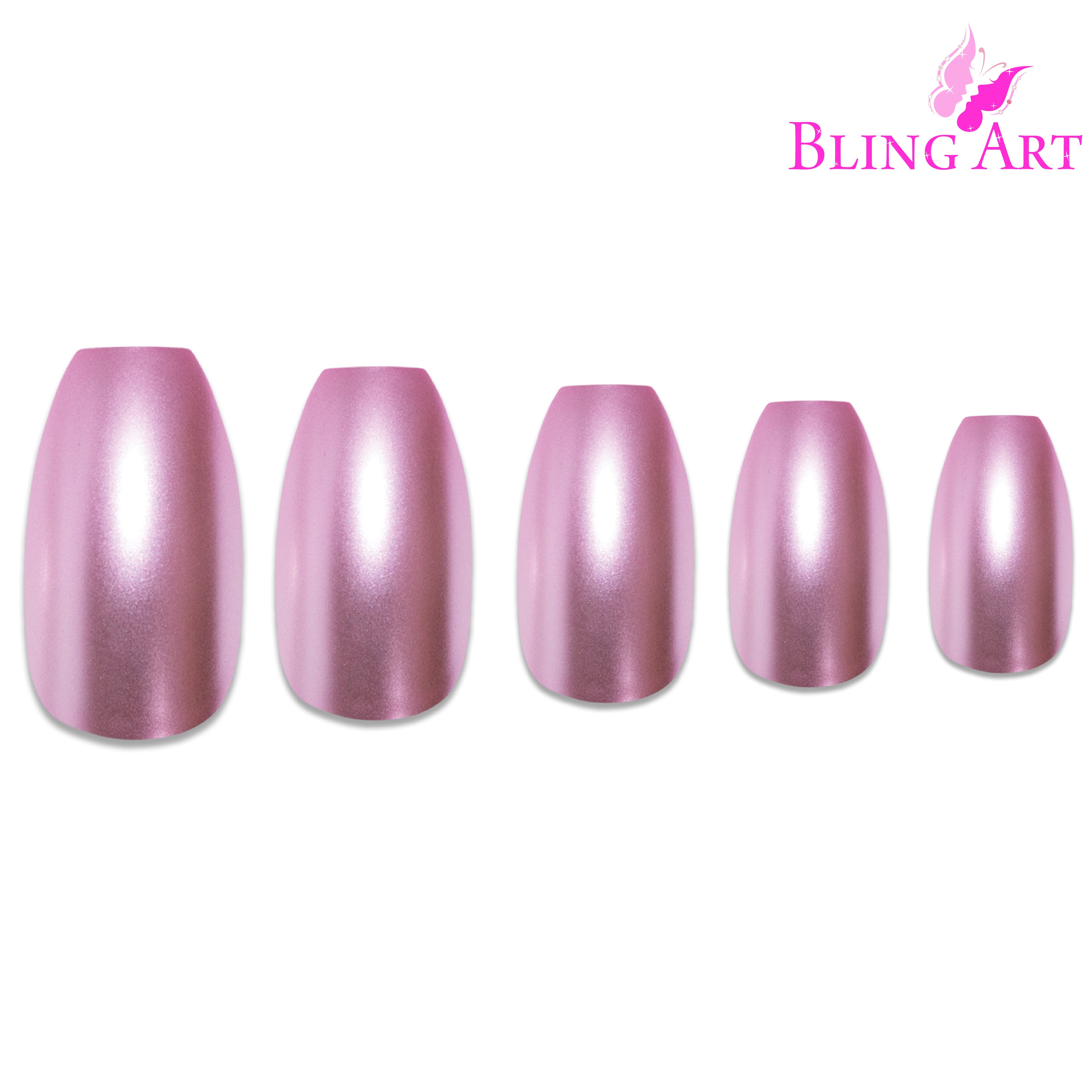 Pink matte metallic ballerina coffin Bling Art press-on nails — alternative angle revealing the bond line on the long ballerina coffin shape.