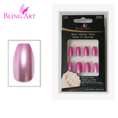 Soft blush pink matte-metallic ballerina coffin press-on false nails by Bling Art — feminine metallic statement for summer events, date nights, and party wear · chrome-finish metallic with velvet matte texture · long ballerina coffin tips · 24 nails per set with adhesive · designed in Yorkshire