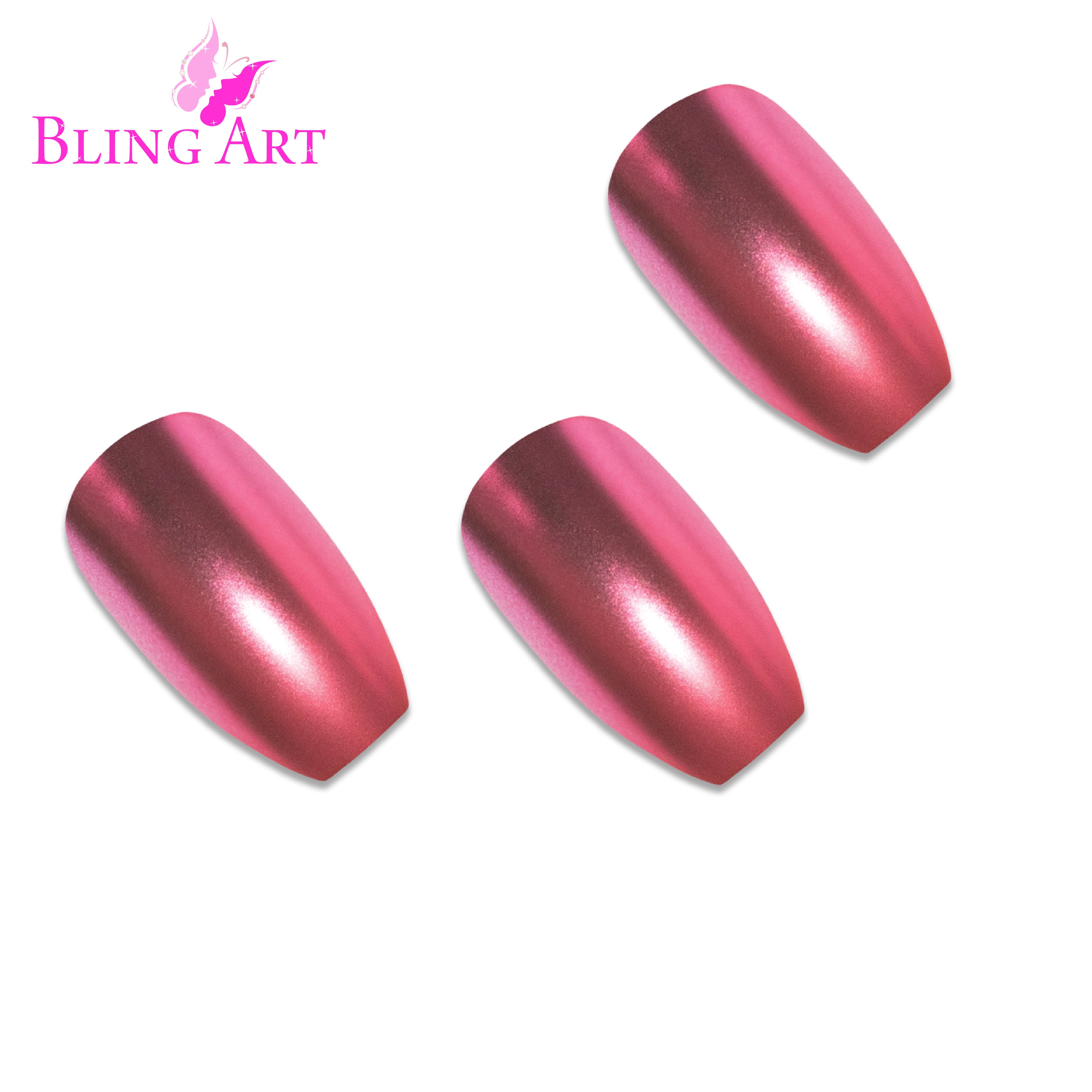 Red matte metallic ballerina coffin Bling Art press-on nails — worn-hand close-up showing the crimson chrome-matte on long ballerina coffin tips. Ballerina = Coffin (same shape).