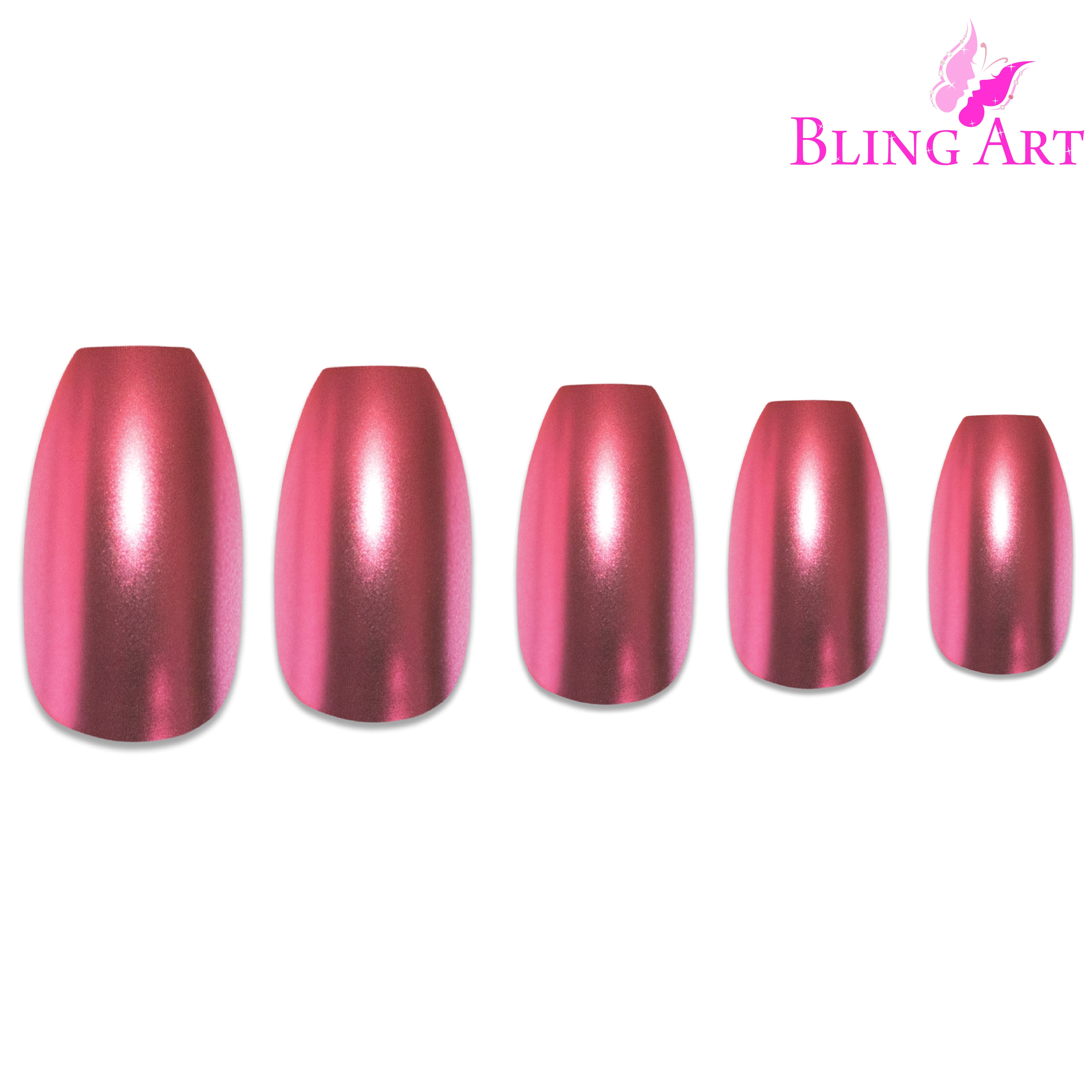 Red matte metallic ballerina coffin Bling Art press-on nails — alternative angle revealing the bond line on the long ballerina coffin shape.