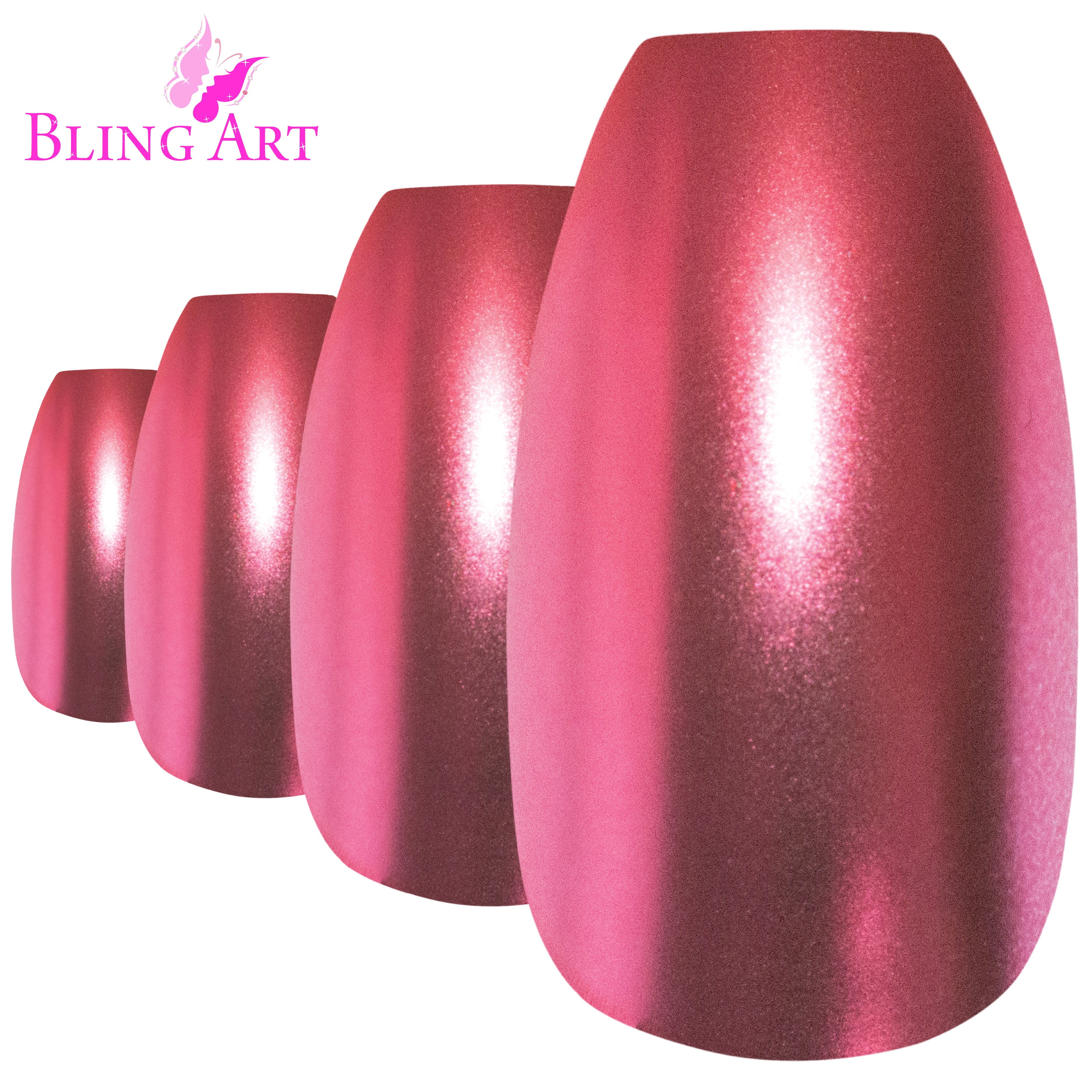Bling Art Red matte metallic ballerina coffin press-on nail set packaging — 24 nails, 12 sizes XS-XXL, file and cuticle stick included. Glue not included.