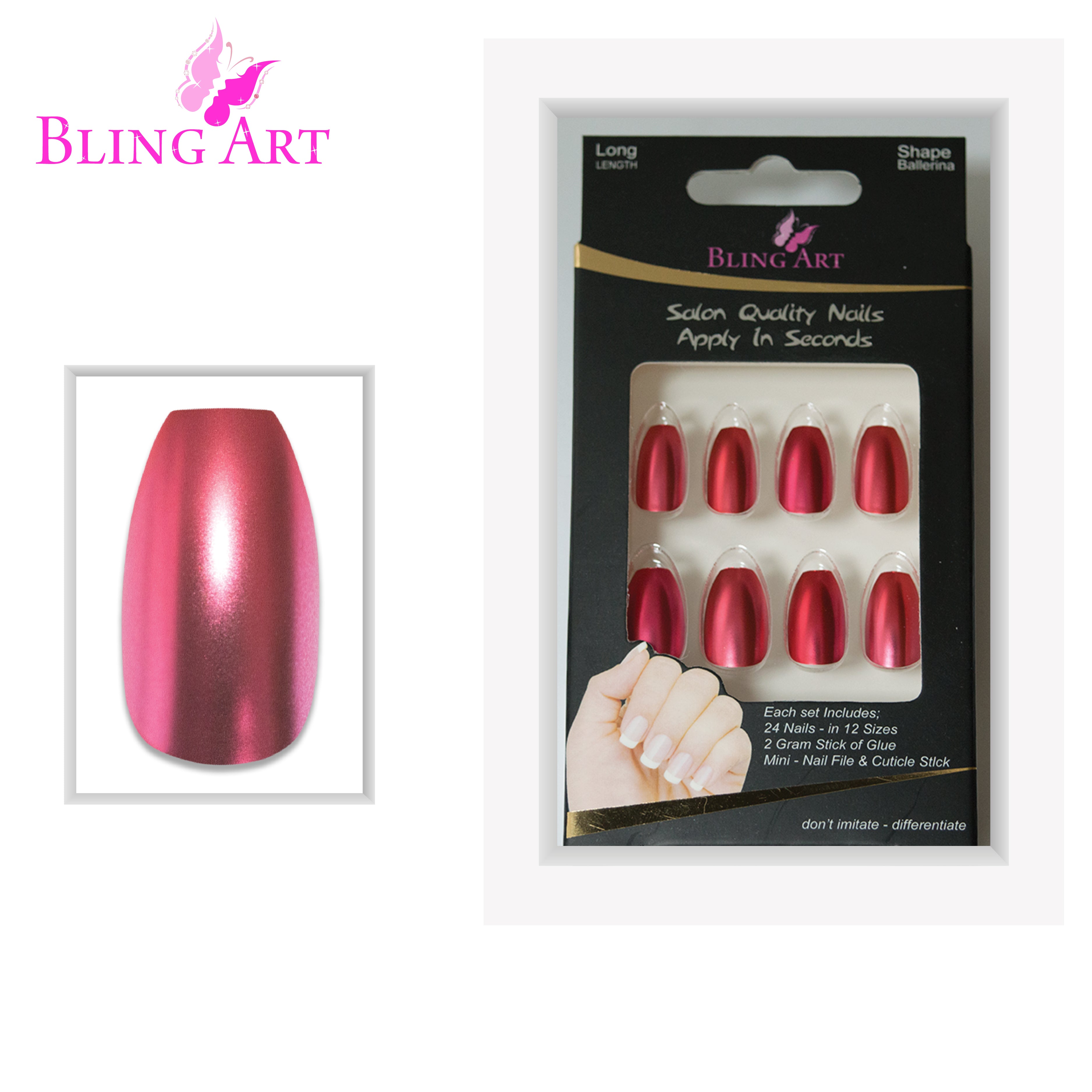 Red matte metallic ballerina coffin Bling Art press-on nails — full-hand reveal showing all 24 nails for date nights and Valentine's.